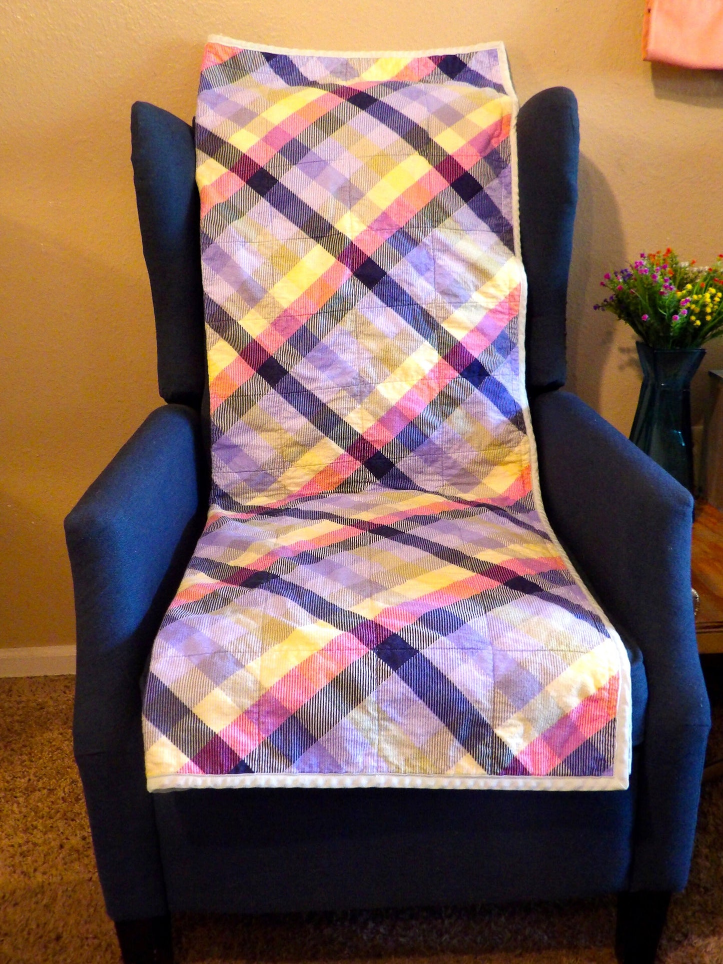Boho Quilted Throw Blanket - Rustic Purple Plaid Lap Blanket Reversible Flannel | Boho Home Decor | Throw Size Quilt | Handmade Whole Cloth