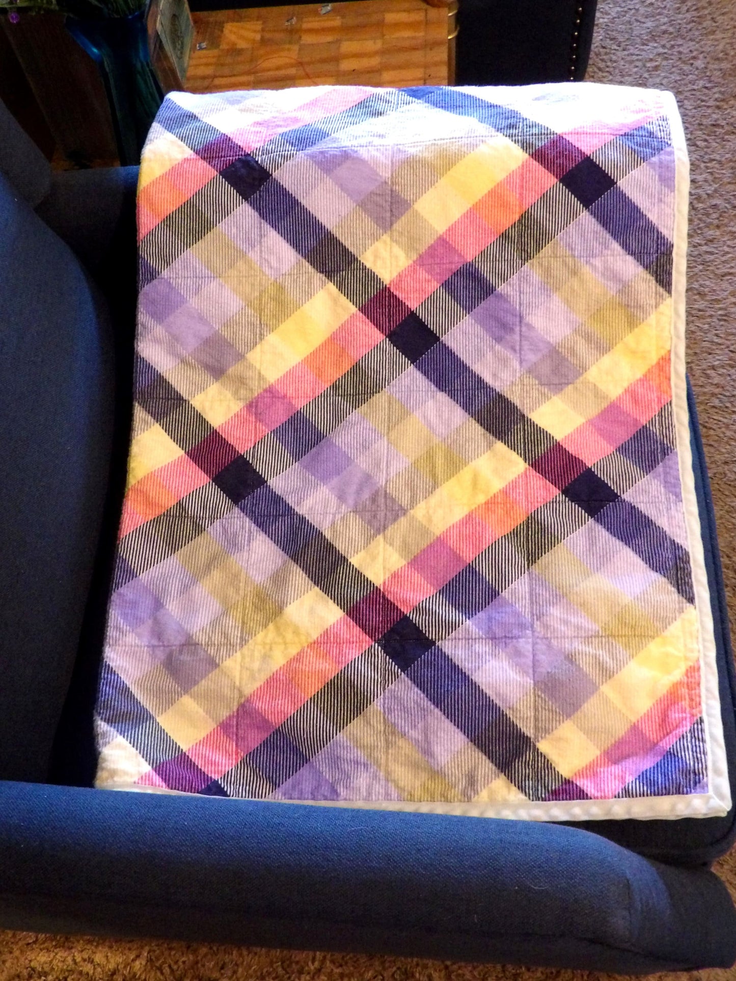 Boho Quilted Throw Blanket - Rustic Purple Plaid Lap Blanket Reversible Flannel | Boho Home Decor | Throw Size Quilt | Handmade Whole Cloth