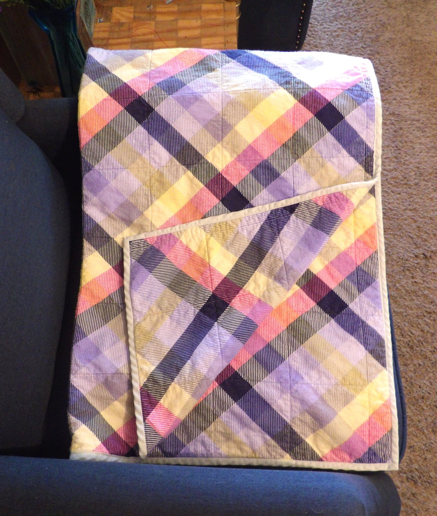 Boho Quilted Throw Blanket - Rustic Purple Plaid Lap Blanket Reversible Flannel | Boho Home Decor | Throw Size Quilt | Handmade Whole Cloth