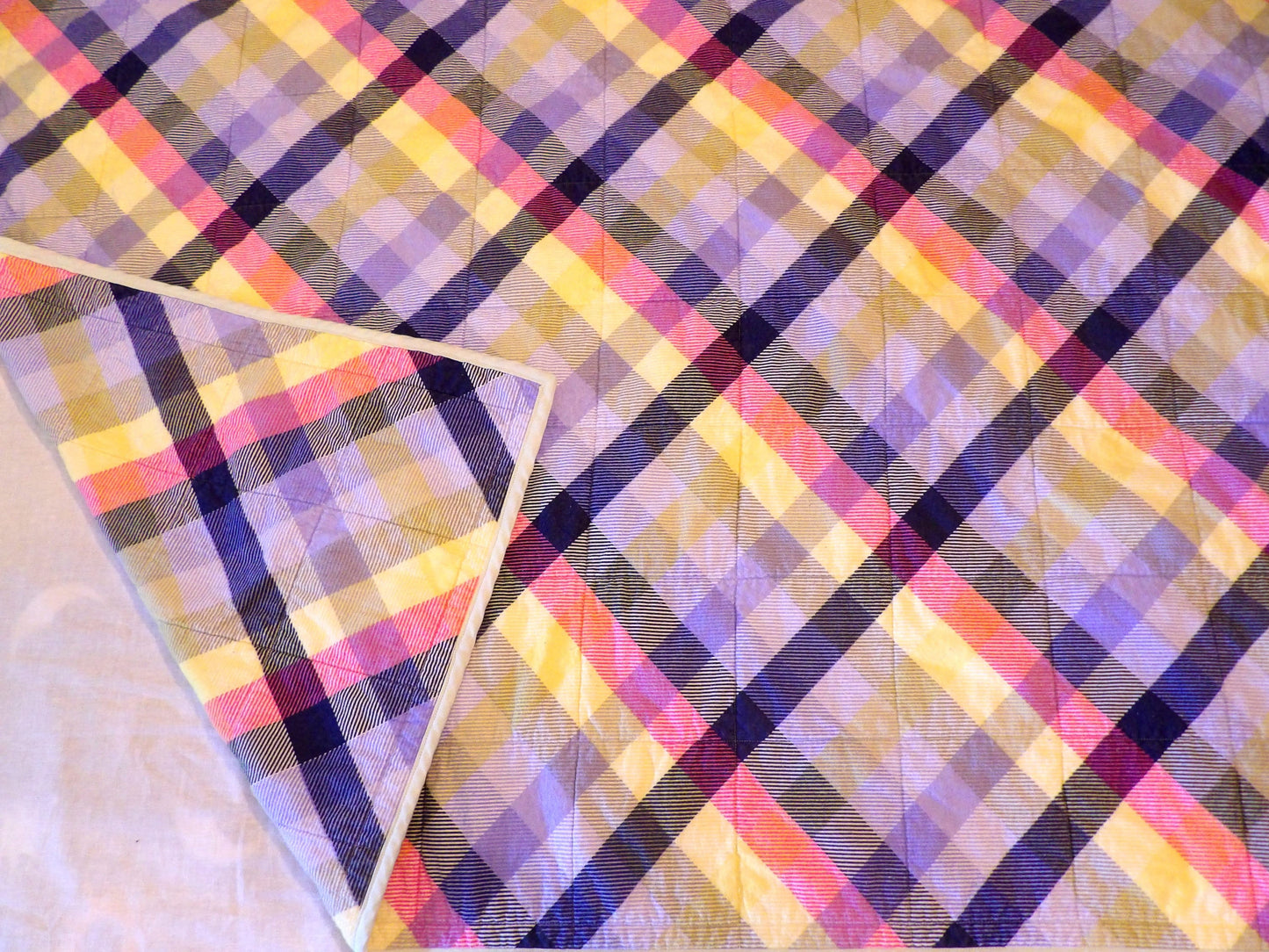 Boho Quilted Throw Blanket - Rustic Purple Plaid Lap Blanket Reversible Flannel | Boho Home Decor | Throw Size Quilt | Handmade Whole Cloth