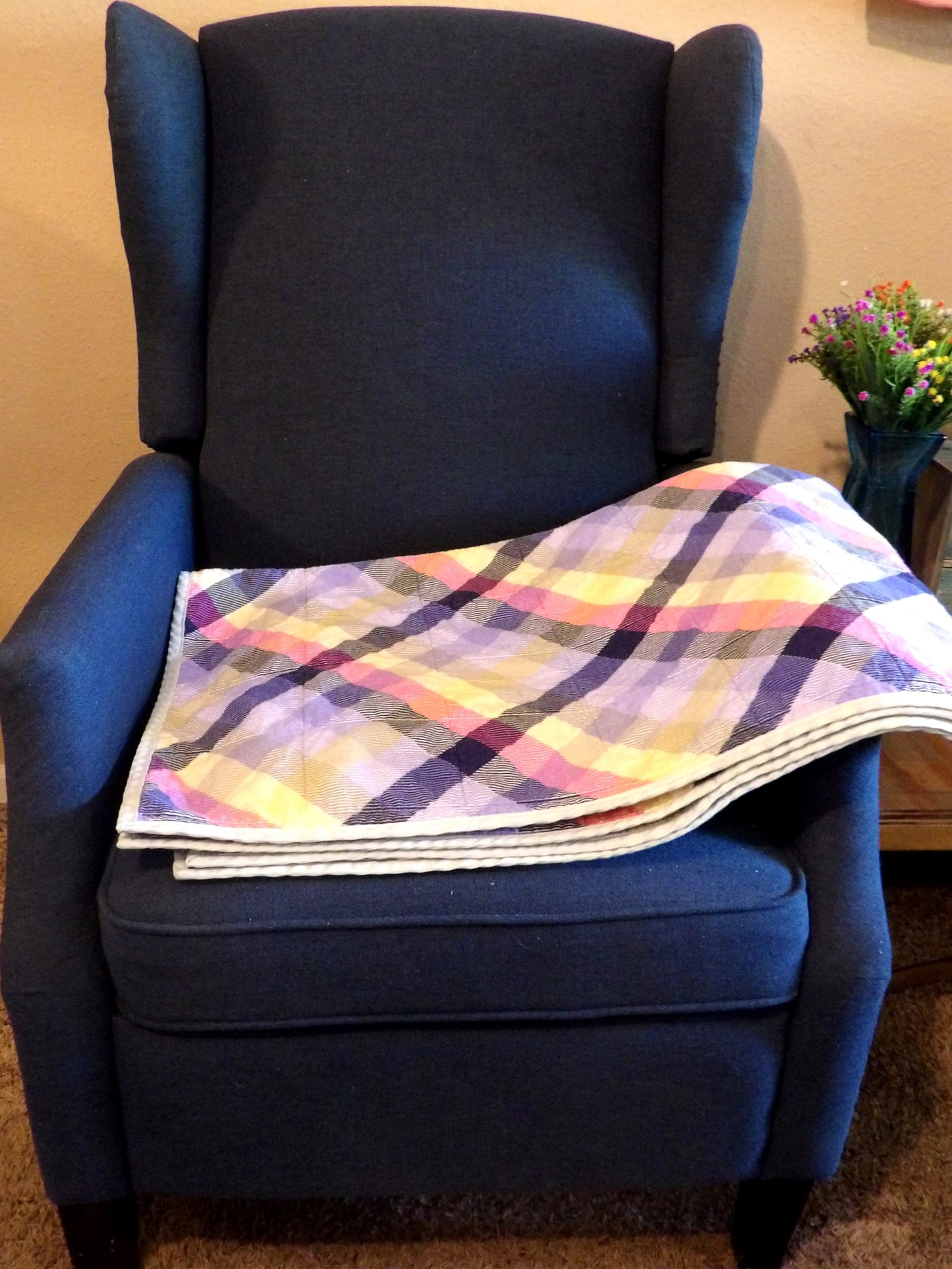 Boho Quilted Throw Blanket - Rustic Purple Plaid Lap Blanket Reversible Flannel | Boho Home Decor | Throw Size Quilt | Handmade Whole Cloth
