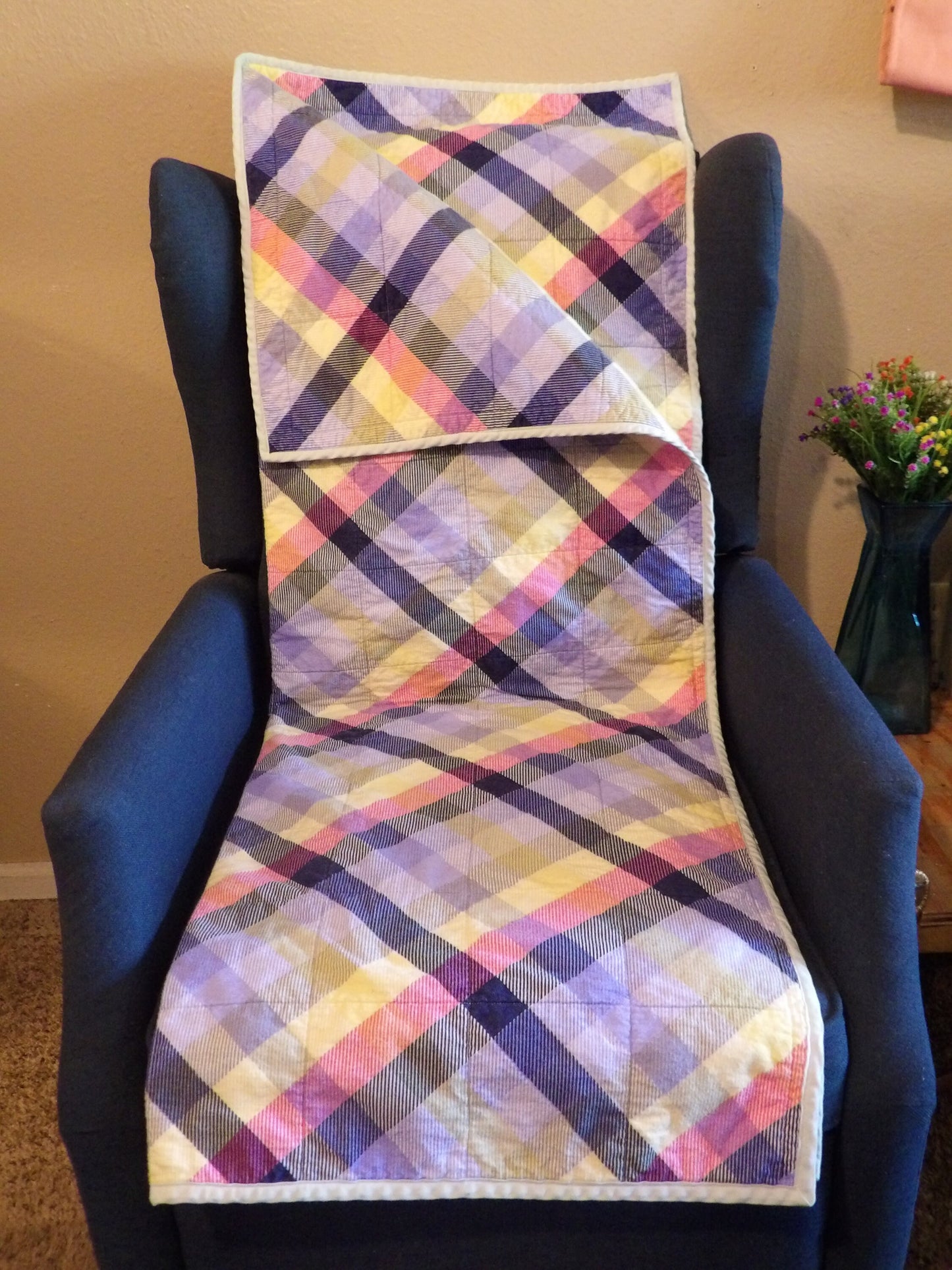 Boho Quilted Throw Blanket - Rustic Purple Plaid Lap Blanket Reversible Flannel | Boho Home Decor | Throw Size Quilt | Handmade Whole Cloth