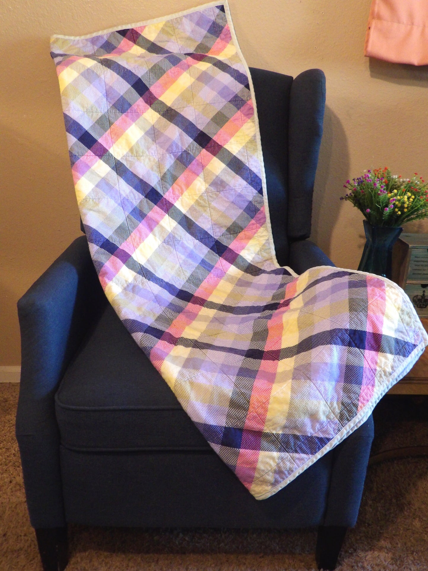 Boho Quilted Throw Blanket - Rustic Purple Plaid Lap Blanket Reversible Flannel | Boho Home Decor | Throw Size Quilt | Handmade Whole Cloth