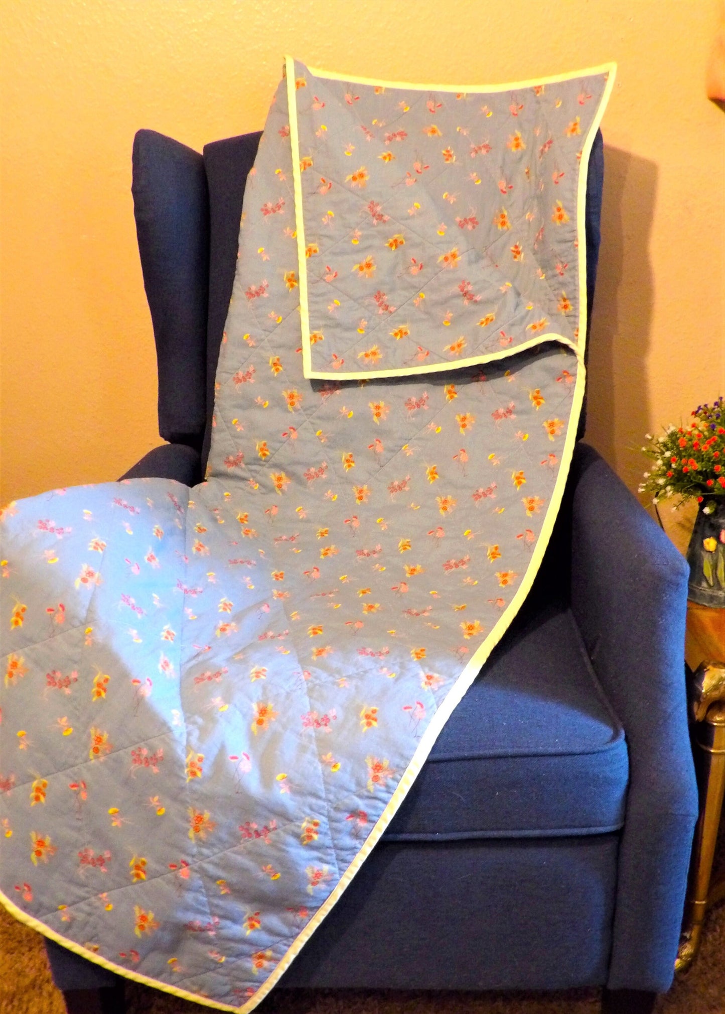 Boho Quilted Throw Blanket - Reversible Cotton Ditsy Floral Lap Blanket | Boho Home Decor | Throw Size Quilt | Handmade Whole Cloth Quilt