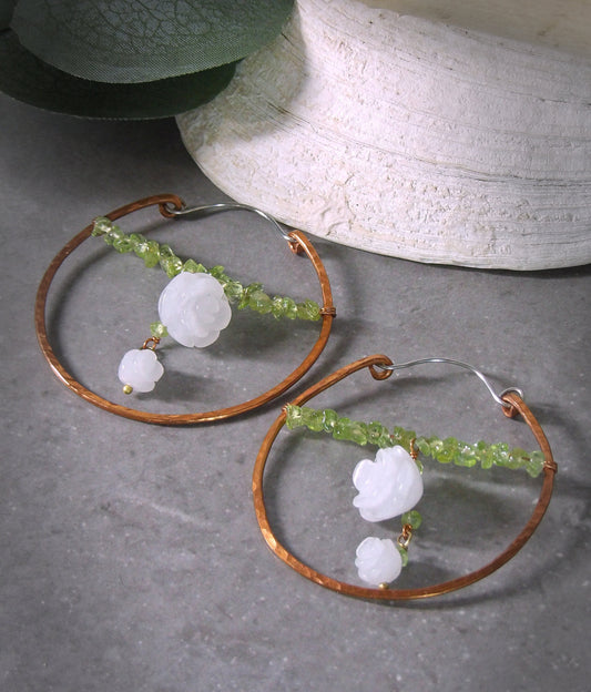 Hammered copper hoop earrings - 7th anniversary gift - gift for her - peridot earrings - jade earrings - rose earrings - bohemian jewelry