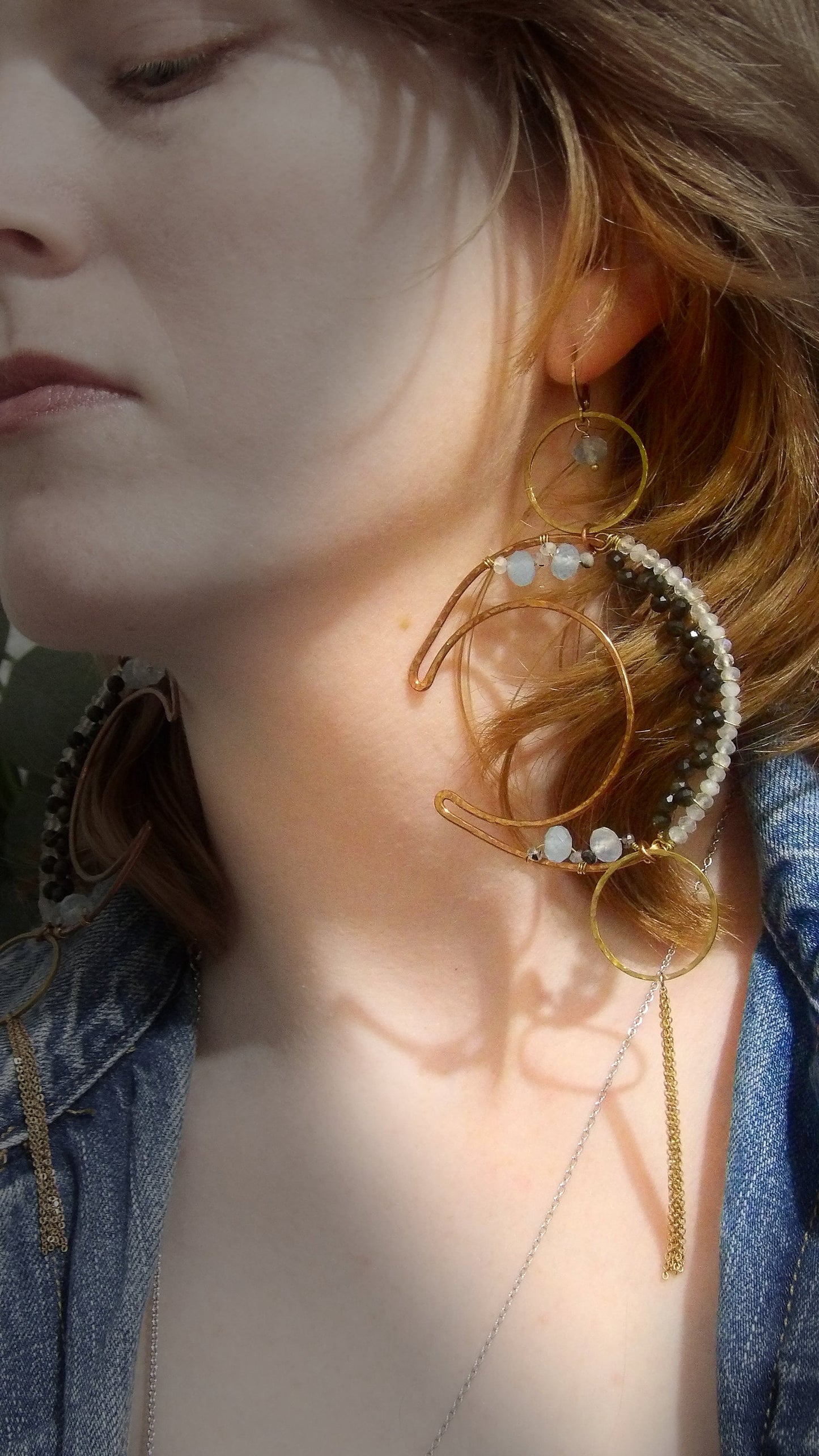 big crescent moon earrings - moon phase earrings - hammered copper earrings - boho earrings - bohemian earrings - sustainable jewelry - aquamarine earrings - obsidian earrings - moonstone earrings