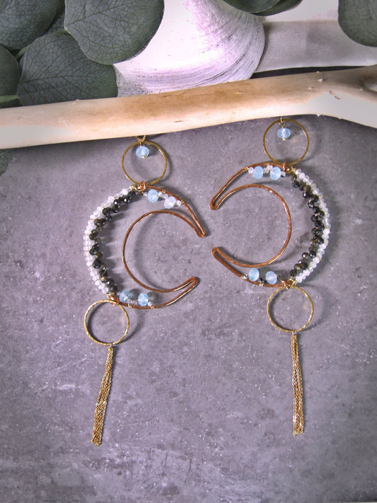 big crescent moon earrings - moon phase earrings - hammered copper earrings - boho earrings - bohemian earrings - sustainable jewelry - aquamarine earrings - obsidian earrings - moonstone earrings