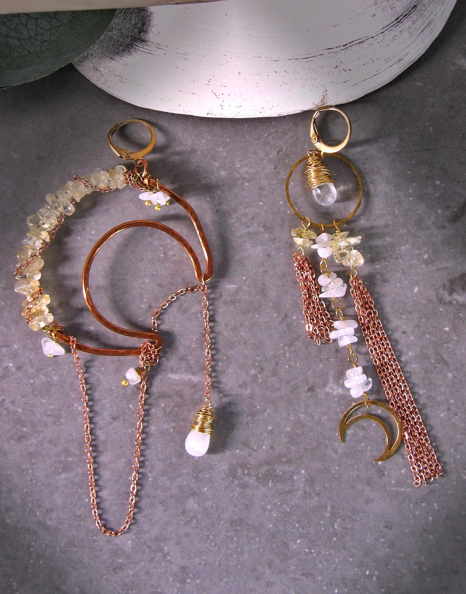 asymmetrical moon earrings - crescent moon earrings - hammered copper earrings - bohemian jewelry - goddess earrings - moonstone earrings - citrine earrings -festival outfit