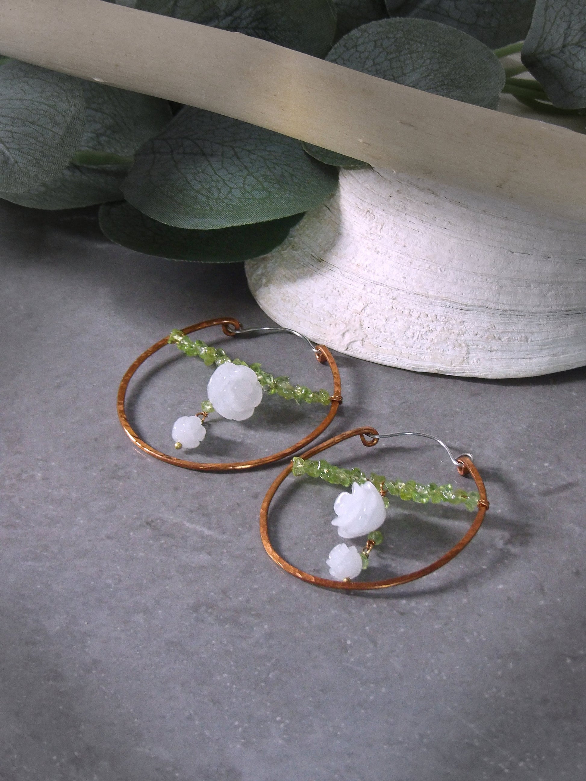 Hammered copper hoop earrings - 7th anniversary gift - gift for her - peridot earrings - jade earrings - rose earrings - bohemian jewelry