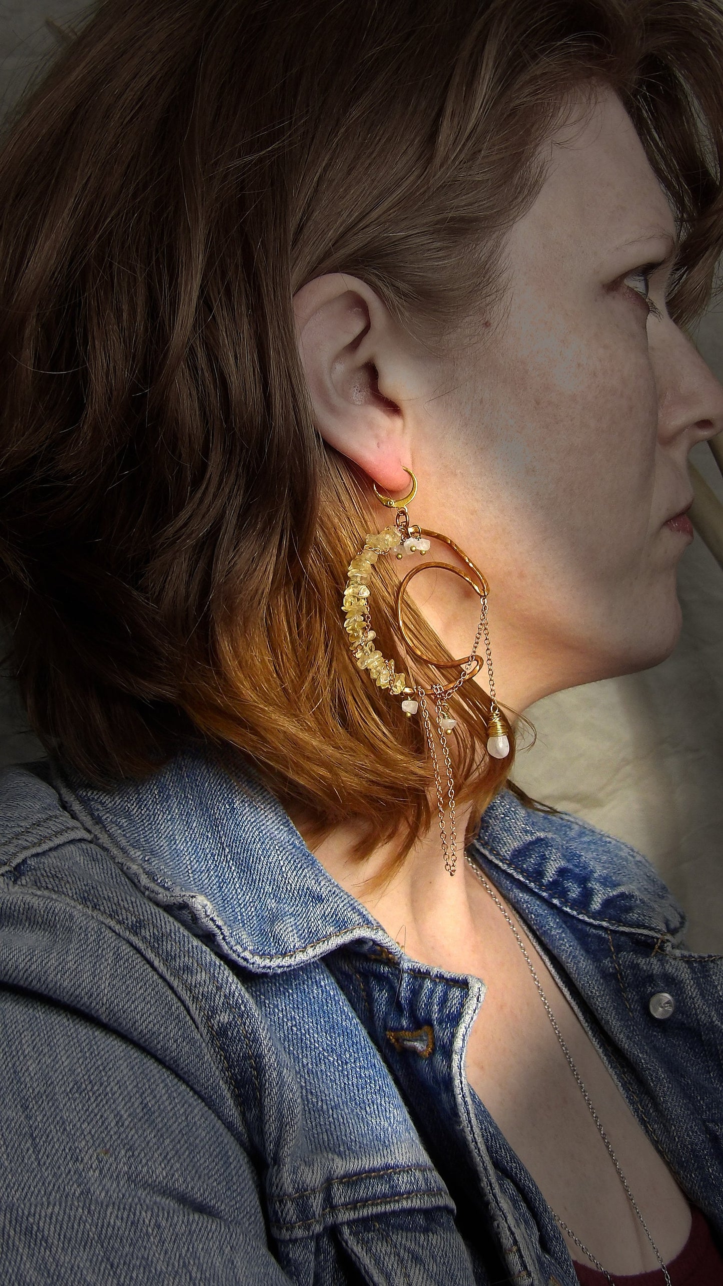 asymmetrical moon earrings - crescent moon earrings - hammered copper earrings - bohemian jewelry - goddess earrings - moonstone earrings - citrine earrings -festival outfit