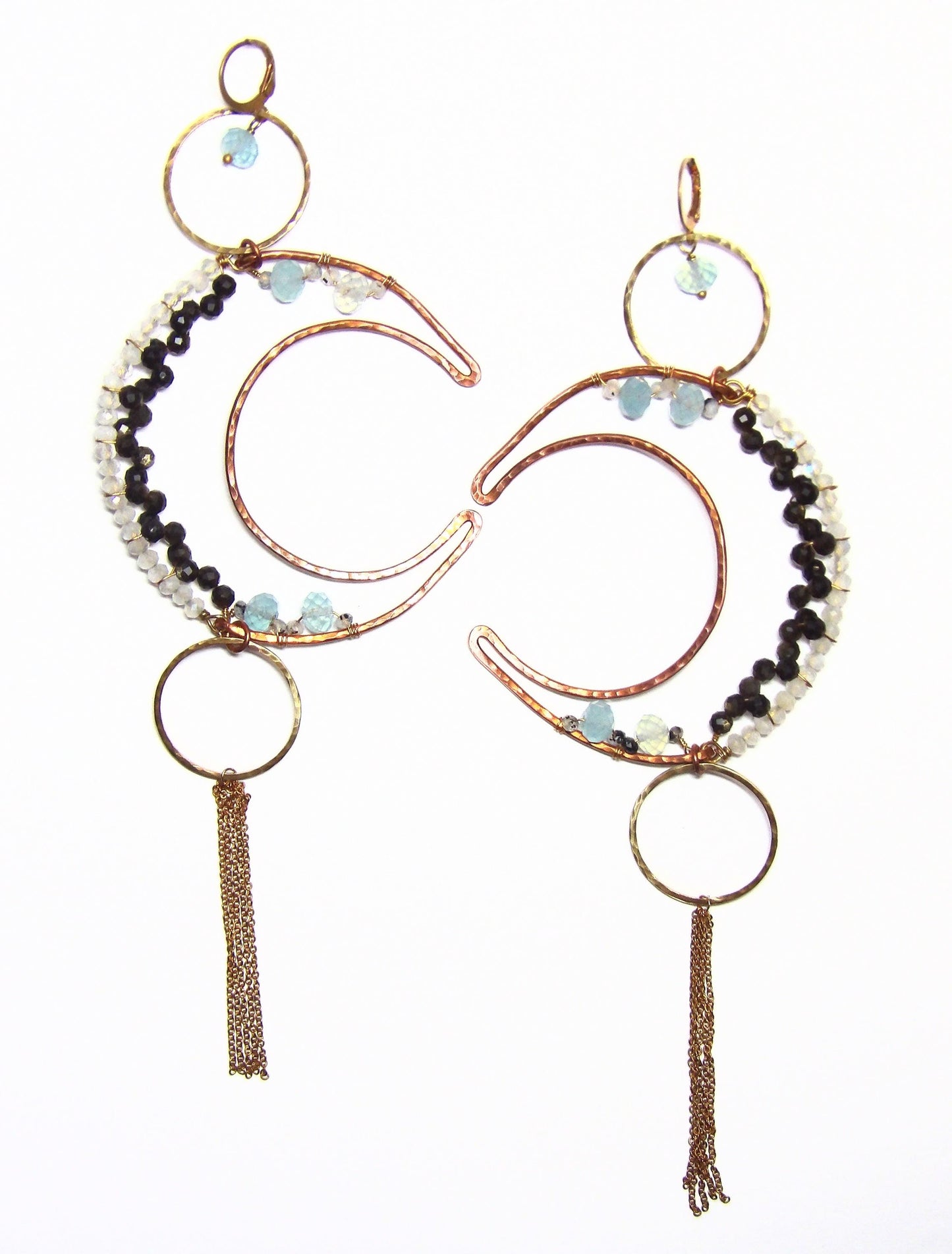 Large Hammered Copper Crescent Moon Earrings Ft. Natural Moonstone, Golden Obsidian & Aquamarine