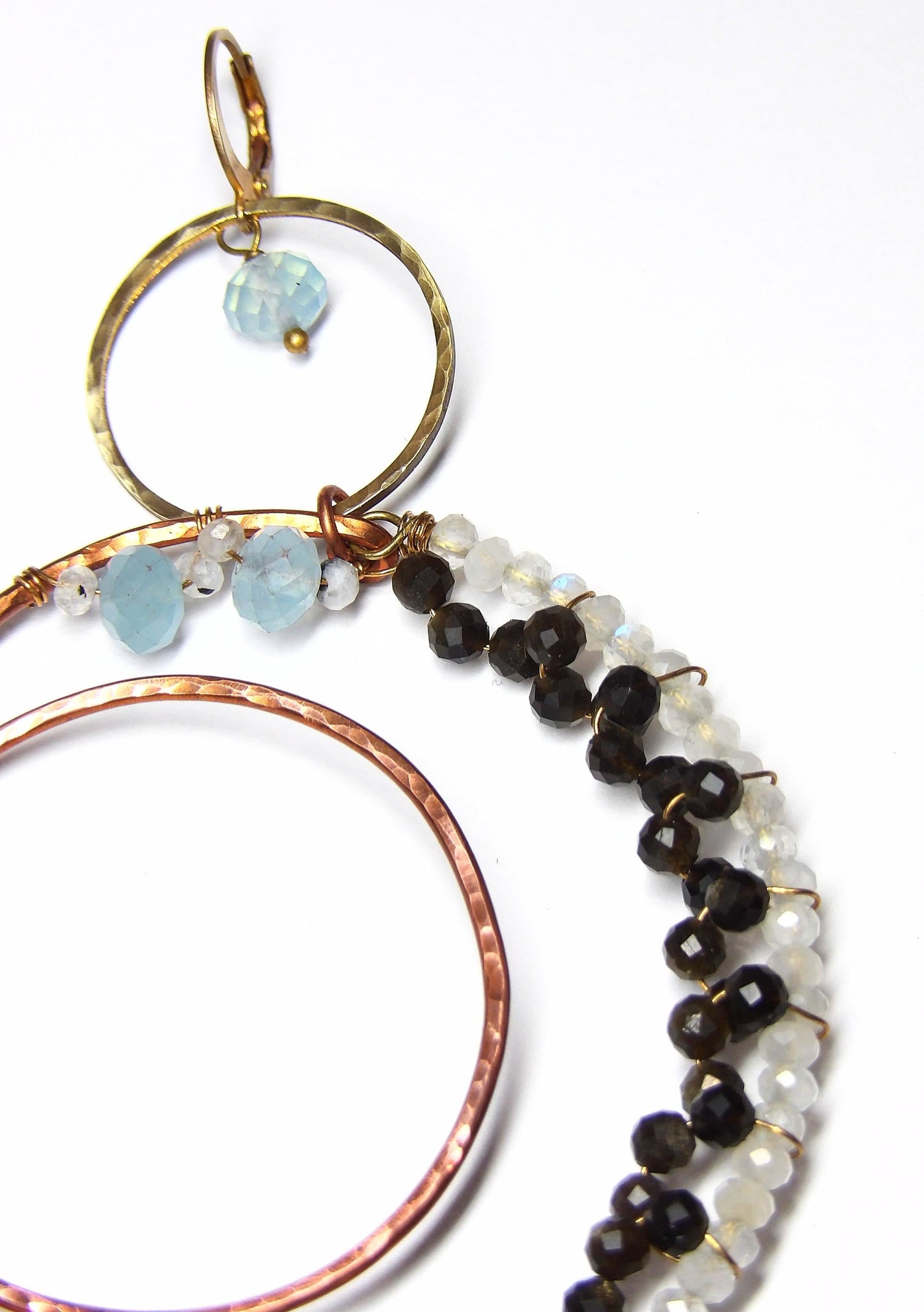Large Hammered Copper Crescent Moon Earrings Ft. Natural Moonstone, Golden Obsidian & Aquamarine