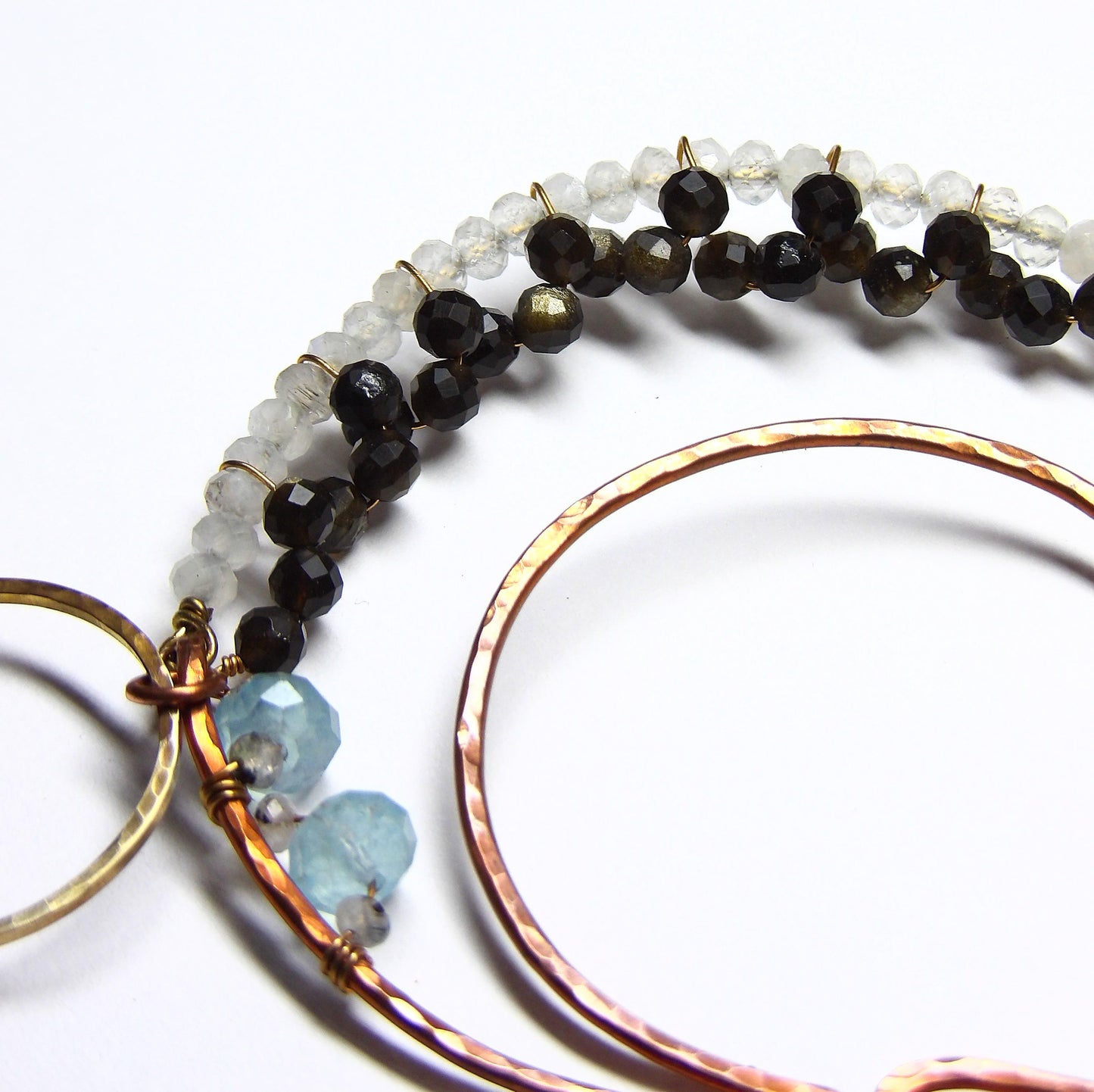 Large Hammered Copper Crescent Moon Earrings Ft. Natural Moonstone, Golden Obsidian & Aquamarine