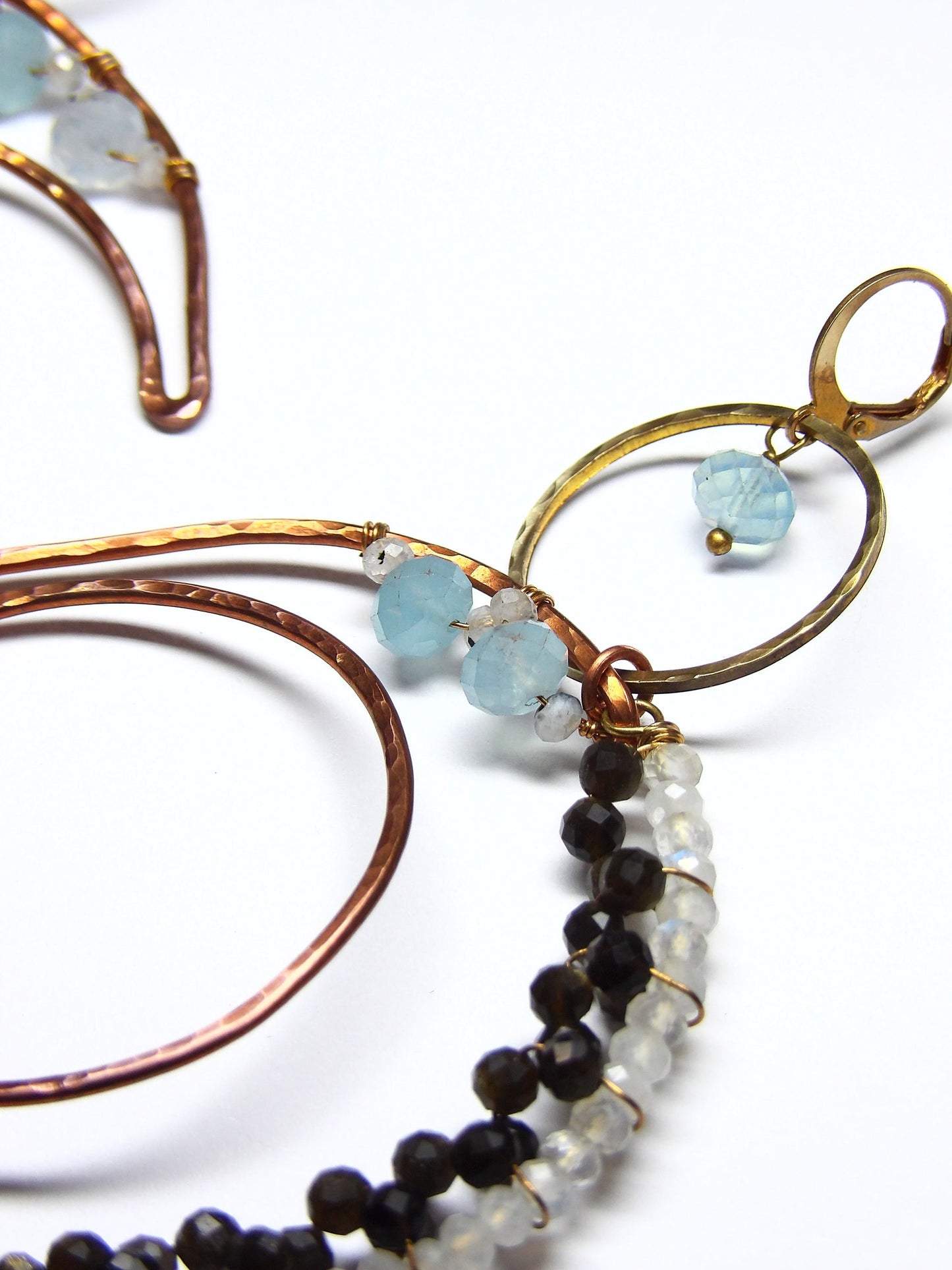 Large Hammered Copper Crescent Moon Earrings Ft. Natural Moonstone, Golden Obsidian & Aquamarine