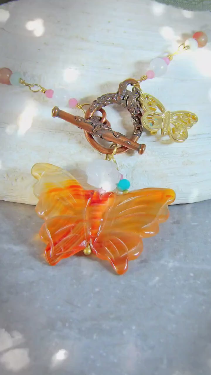 T Clasp Necklace Carnelian Butterfly Necklace | Raw Crystal Mix Necklace | Meaningful Gift For Her | Nature Lovers | Symbolic Charm Necklace
