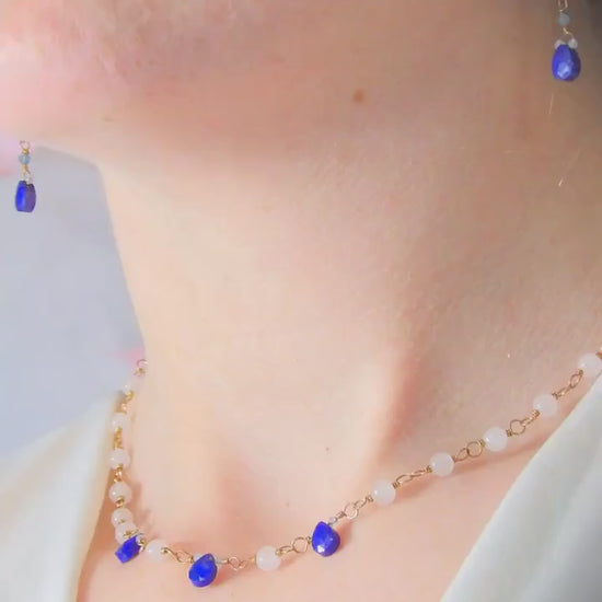 Lapis Lazuli Beaded Hoop Earrings White Jade Aquamarine | Sustainable Fashion | One Of A Kind | Raw Crystal Earrings | Meaningful Gift