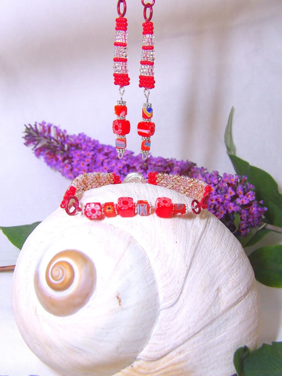 Boho Beaded Bracelet & Earrings Set | Czech Glass Bead Beadwork | Hand Woven Bohemian Jewelry | Handmade Beaded Bracelet Gift Set For Women