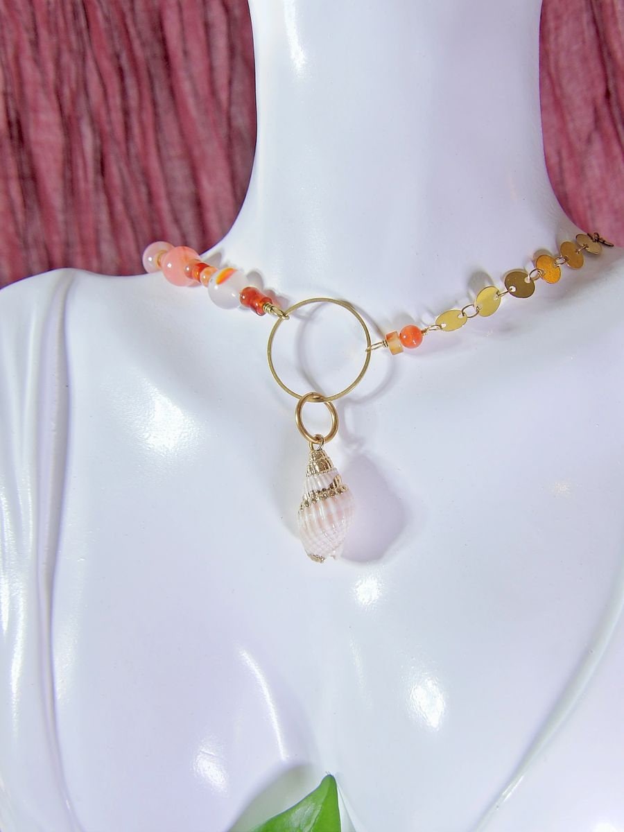 Shell Choker Necklace With Agate & Carnelian | Half Chain Necklace | Agate Jewelry | Carnelian Jewelry | Artisan Boho Jewelry | Gift For Her