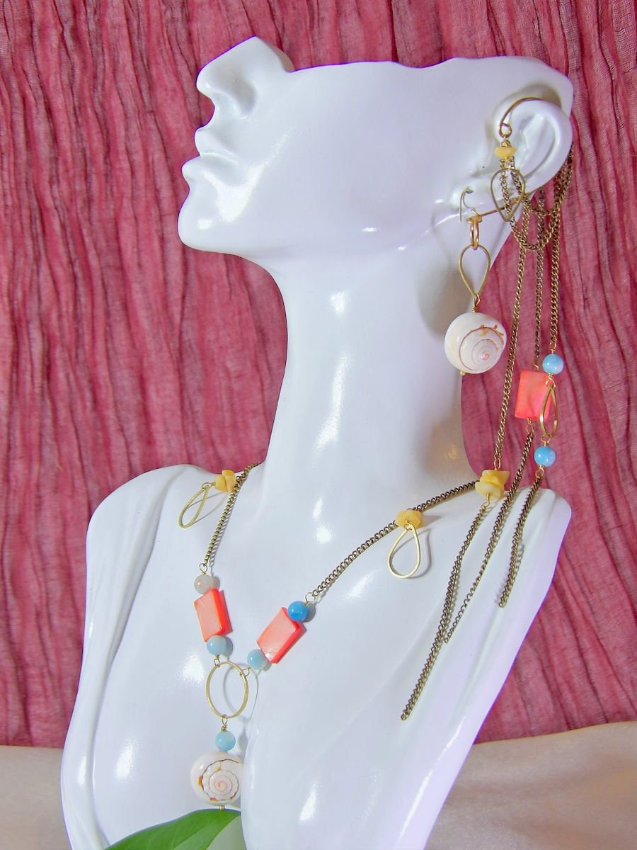 Ear Wrap Cuff With Larimar Quartz, Mother Of Pearl, Yellow Jade & Shell | Artisan Bohemian Jewelry