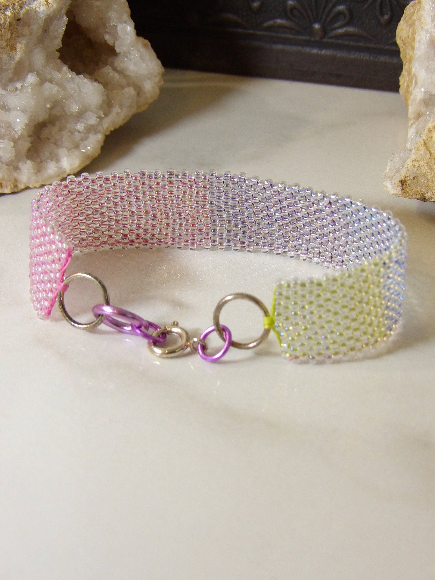 Boho Seed Bead Cuff Bracelet - Gradient Aurora Borealis | Handmade Bohemian Jewelry | Hippie Jewelry | Handwoven Beadwork Made In USA