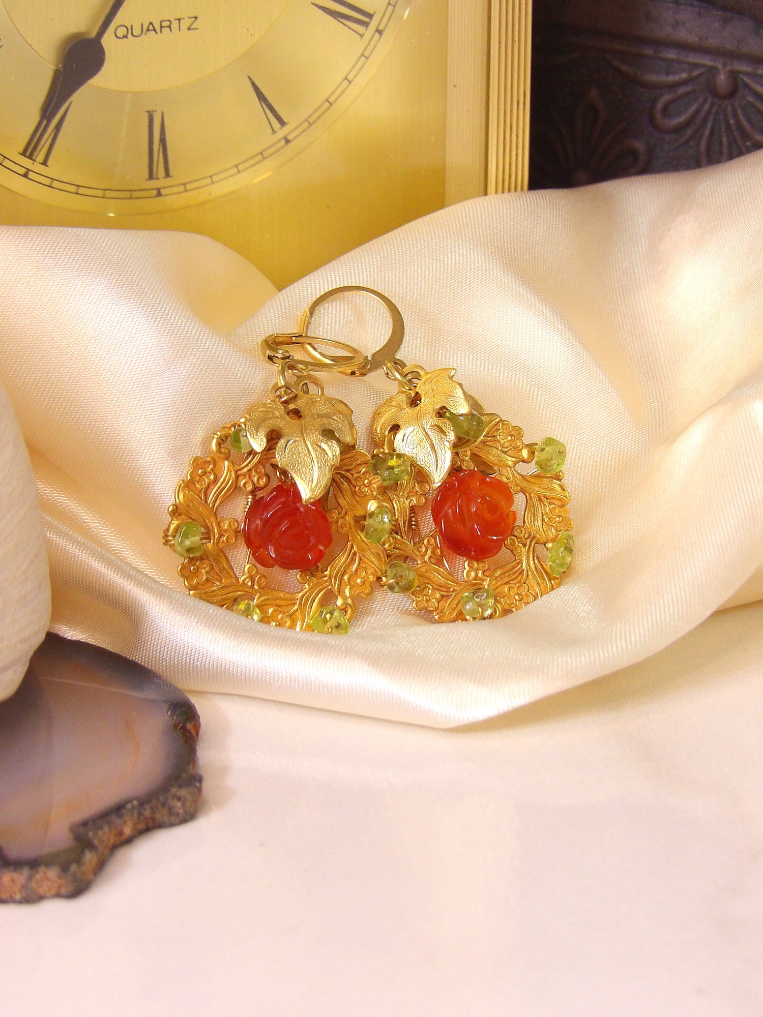 Hand carved agate rose earrings featuring a victorian style raw brass floral wreath, raw brass ivy leaves & raw brass ear wires