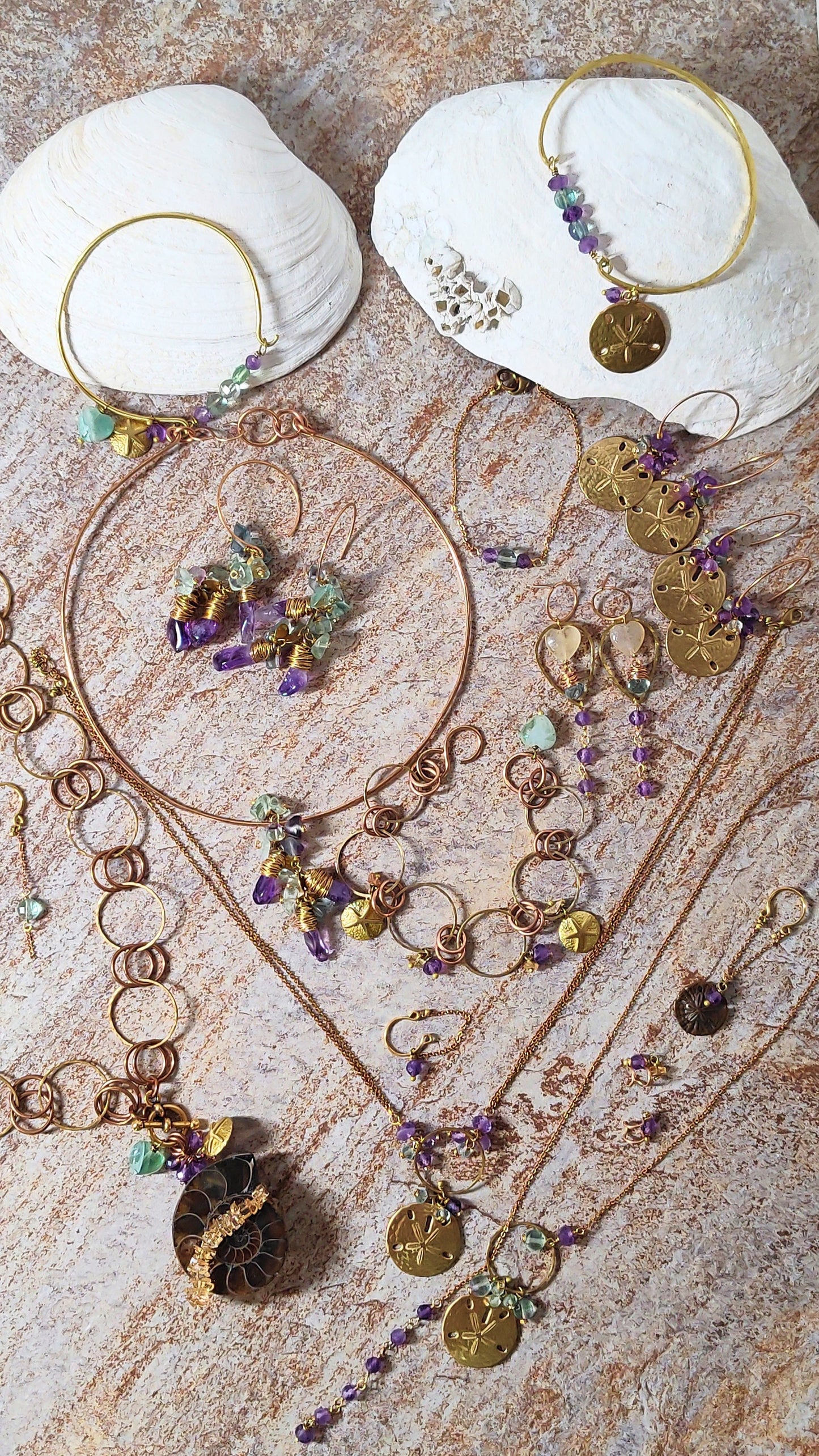Brass Helix Ear Cuff with Amethyst Bead and Dangling Chain – Tidal Collection