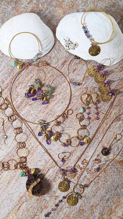 Brass Helix Ear Cuff with Amethyst Bead and Dangling Chain – Tidal Collection