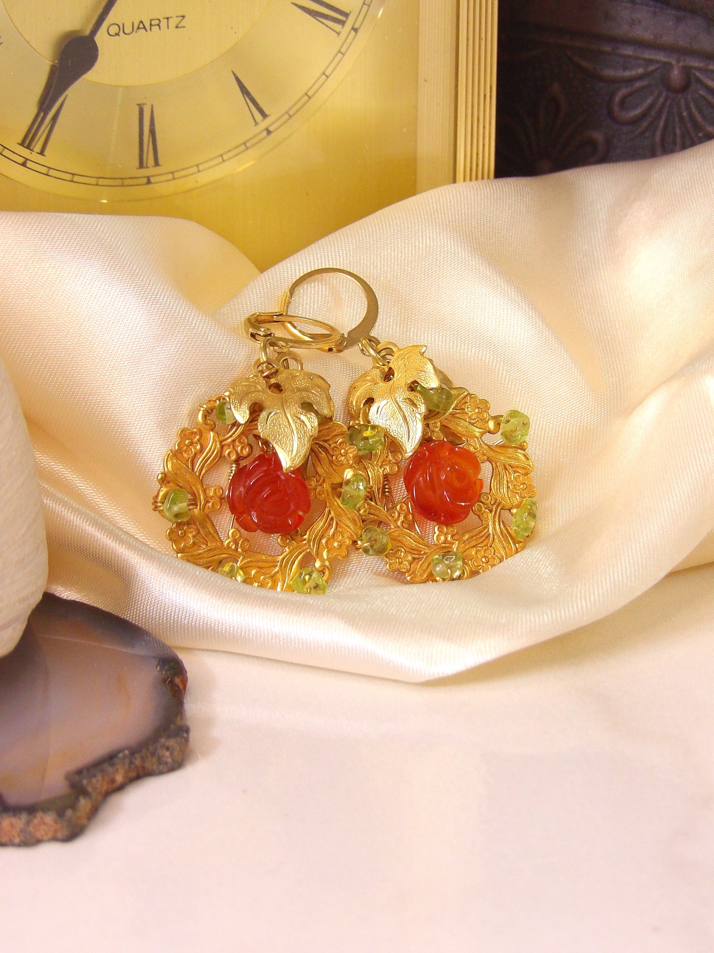 Red Agate Rose Earrings With Peridot Accents | Victorian Gold Plated Wreath Earrings
