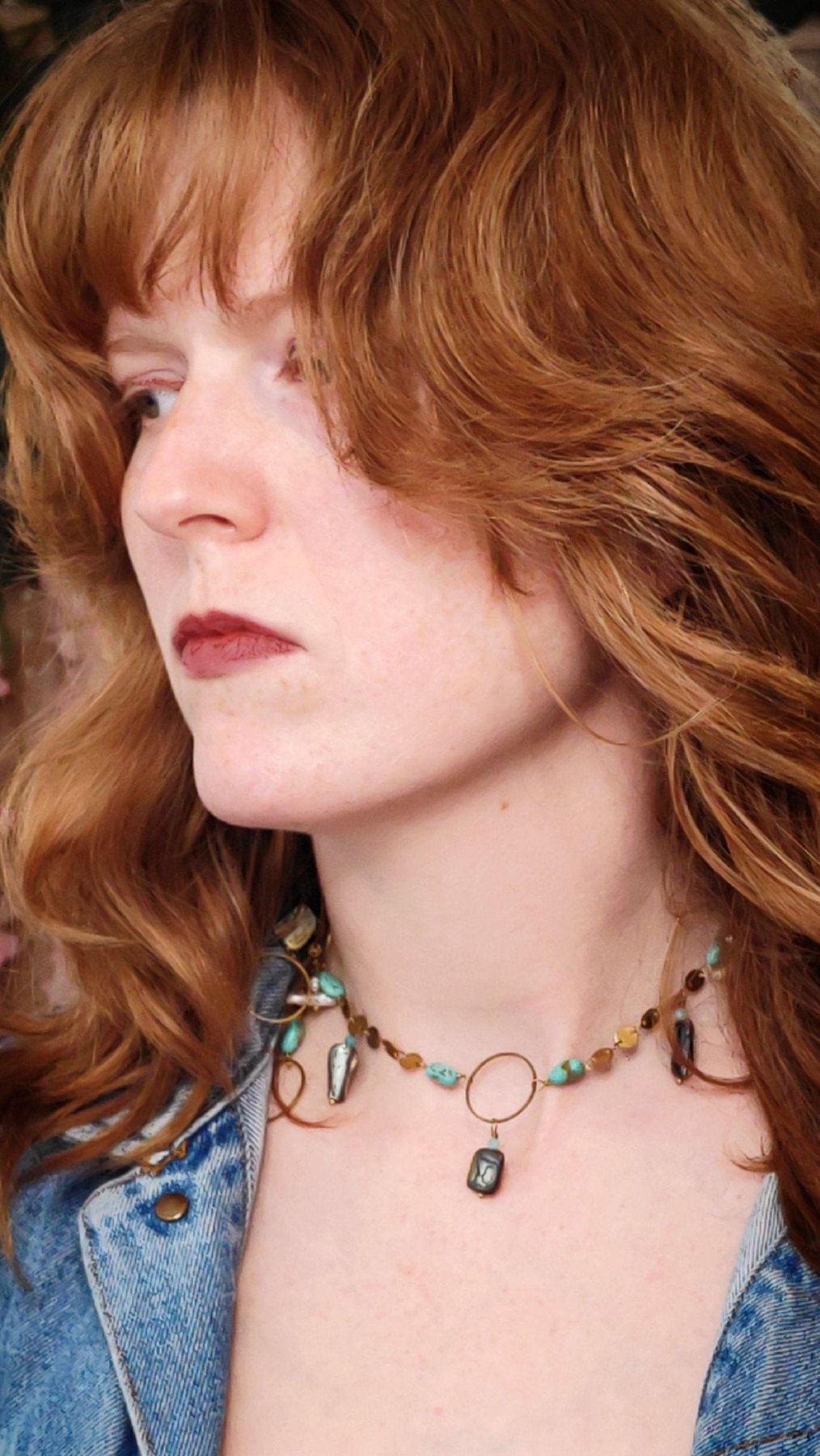 Genuine Turquoise Choker With Pearl & Abalone On Disk Sequin Chain