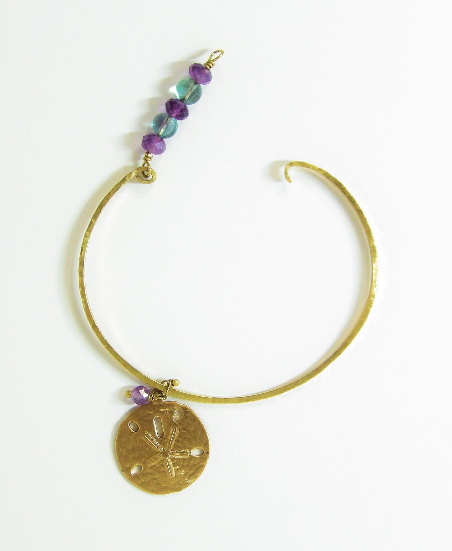 Hammered Brass Bangle with Fluorite & Amethyst Beads and Sand Dollar Charm – Tidal Collection