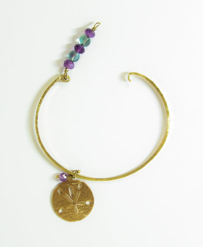 Hammered Brass Bangle with Fluorite & Amethyst Beads and Sand Dollar Charm – Tidal Collection