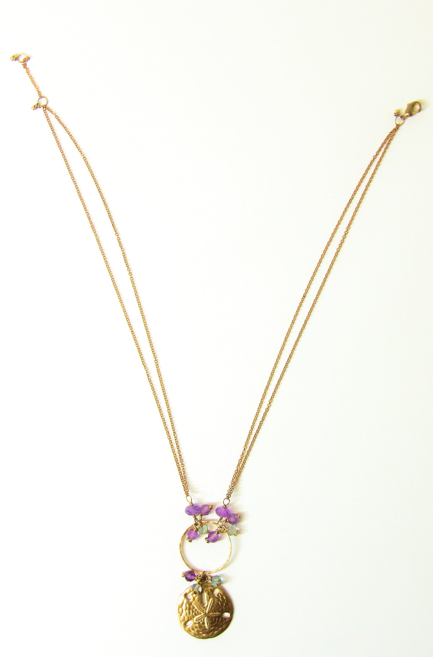 Dainty Brass Chain Choker Necklace with Hammered Brass Circle, Sand Dollar Charm, Amethyst & Fluorite - Tidal Collection