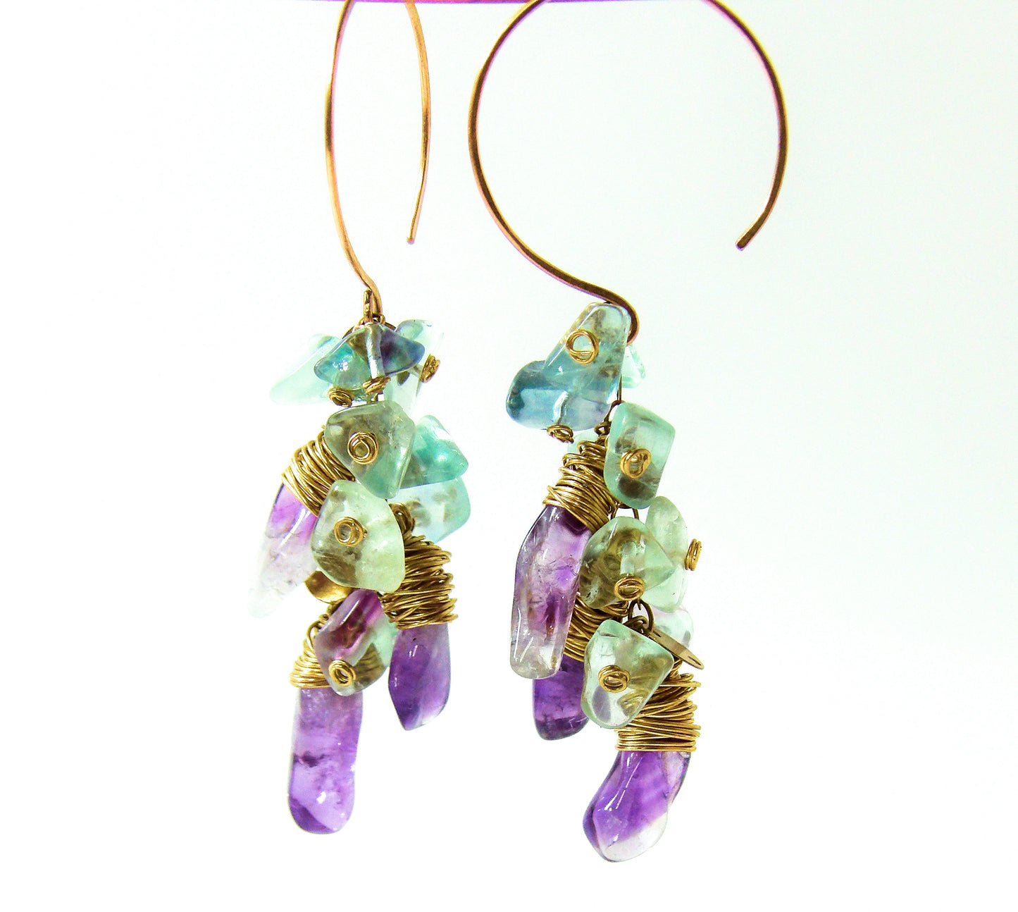Raw Bronze Mini Hoop Earrings with Amethyst & Fluorite Clusters - Tidal Collection