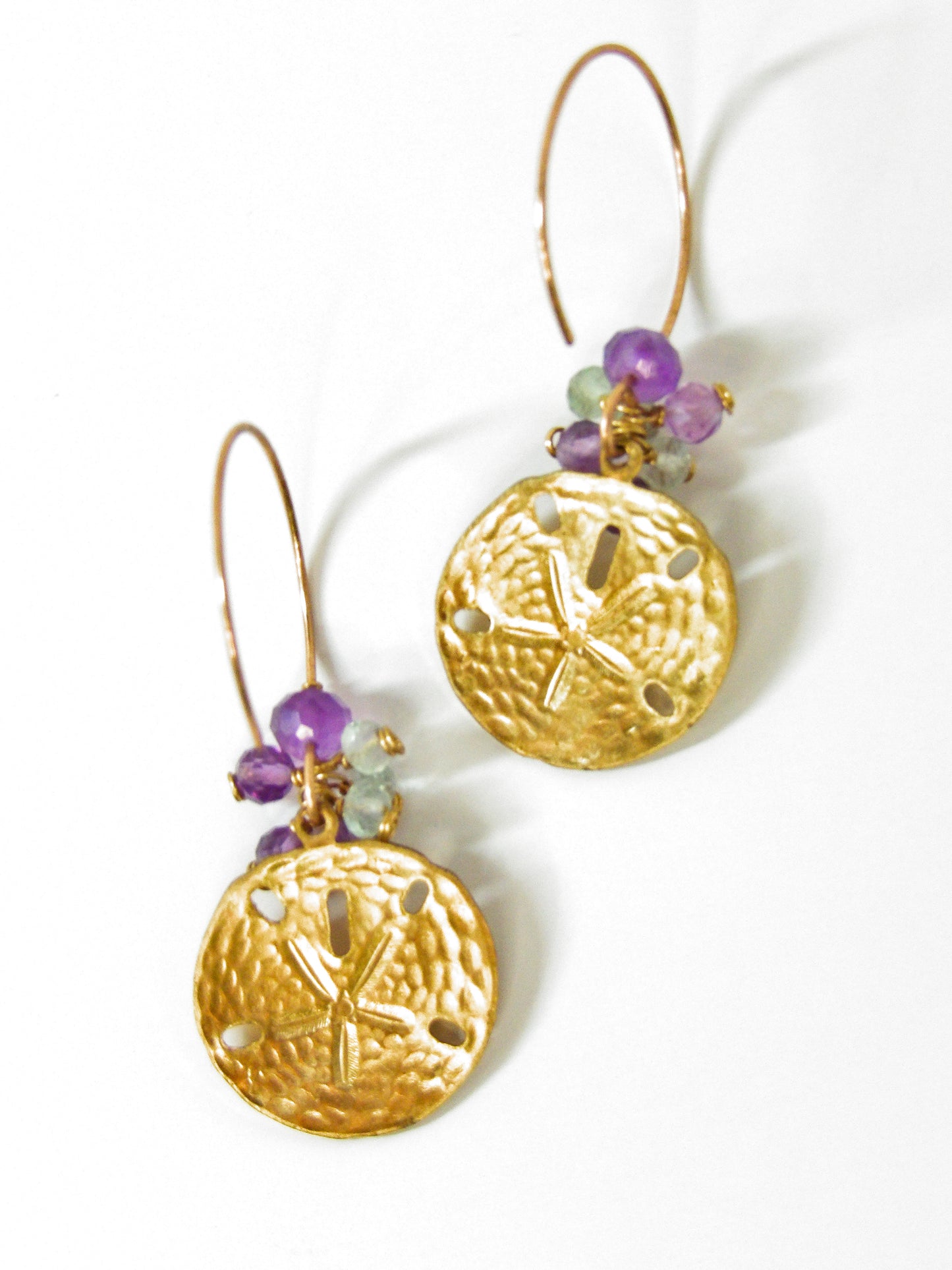 Brass Sand Dollar Charm Mini Hoop Earrings with Amethyst & Fluorite – Tidal Collection