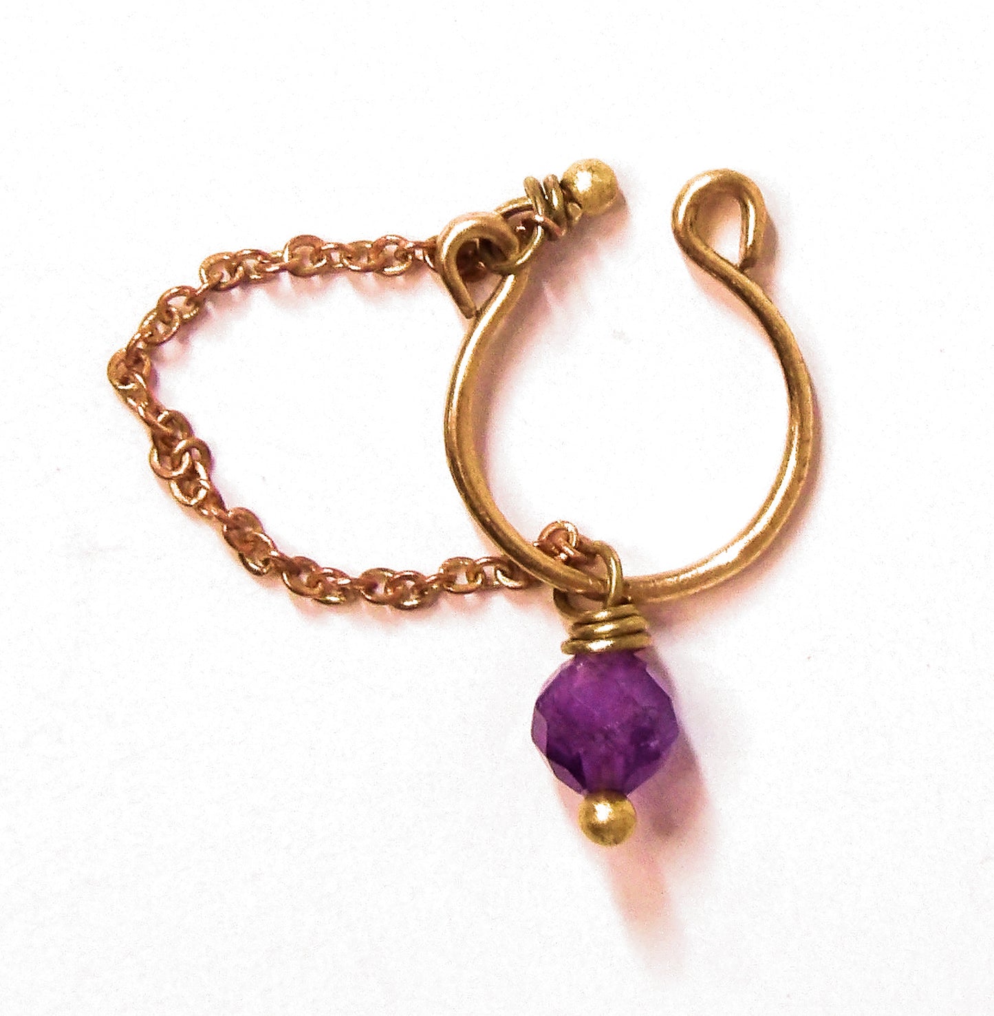 Brass Helix Ear Cuff with Amethyst Bead and Dangling Chain – Tidal Collection