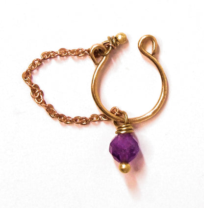 Brass Helix Ear Cuff with Amethyst Bead and Dangling Chain – Tidal Collection