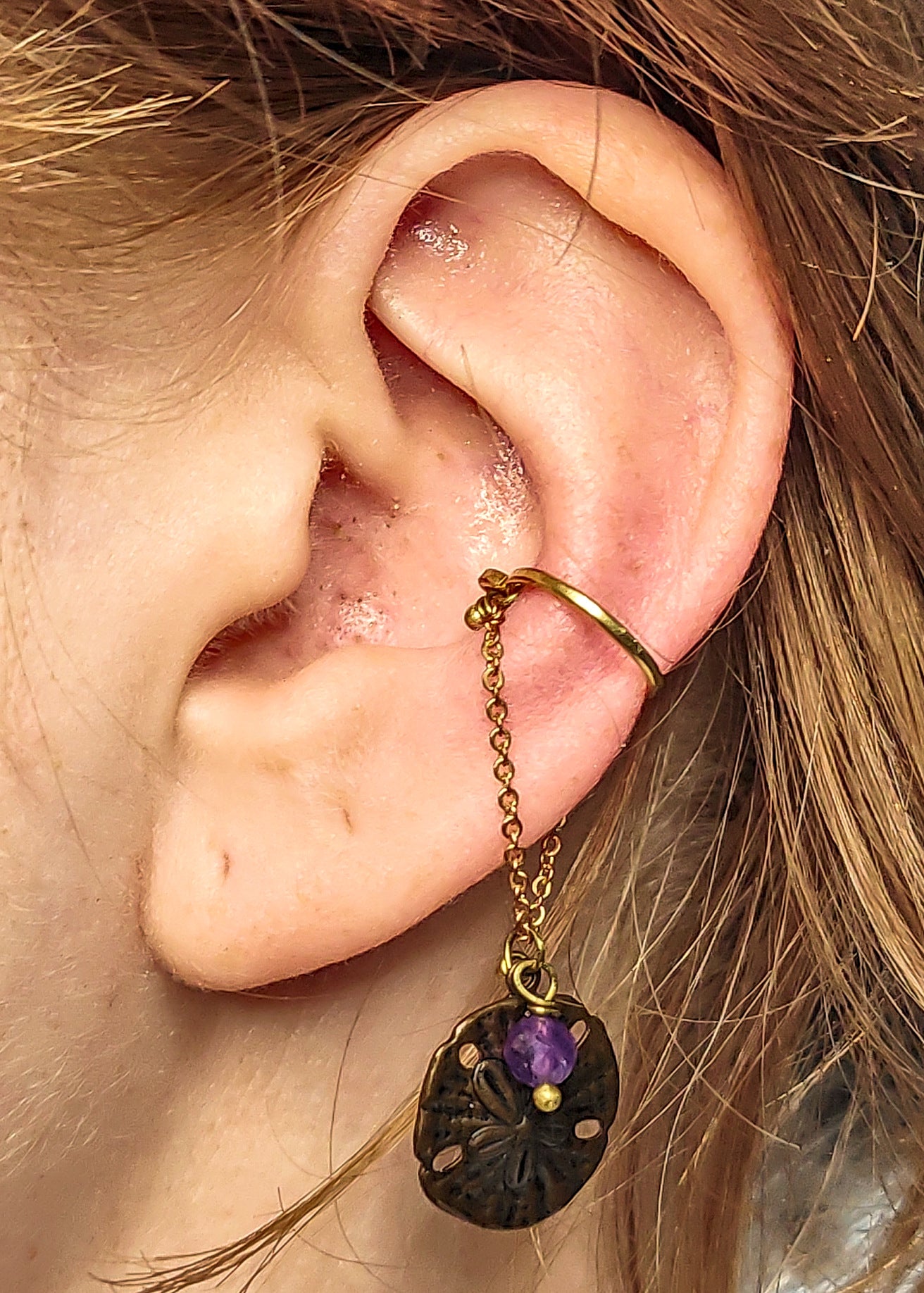Brass Ear Cuff with Amethyst and Antiqued Copper Sand Dollar Charm – Tidal Collection