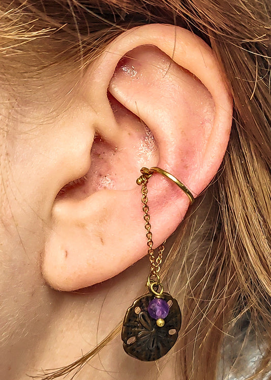 Brass Ear Cuff with Amethyst and Antiqued Copper Sand Dollar Charm – Tidal Collection