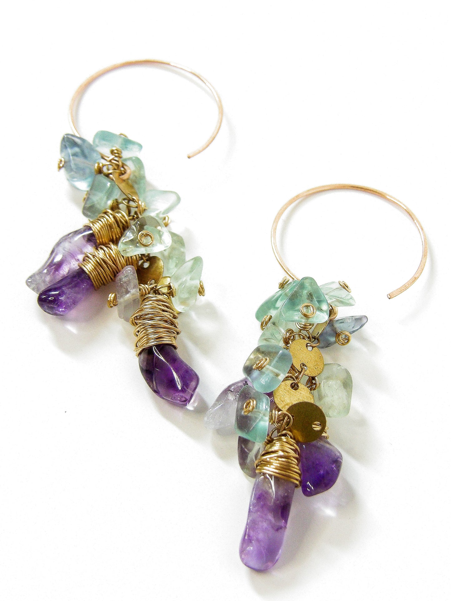 Raw Bronze Mini Hoop Earrings with Amethyst & Fluorite Clusters - Tidal Collection