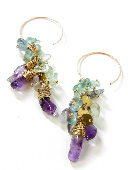 Raw Bronze Mini Hoop Earrings with Amethyst & Fluorite Clusters - Tidal Collection