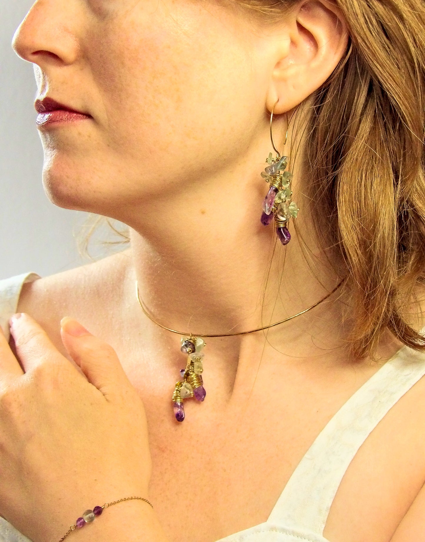Raw Bronze Mini Hoop Earrings with Amethyst & Fluorite Clusters - Tidal Collection
