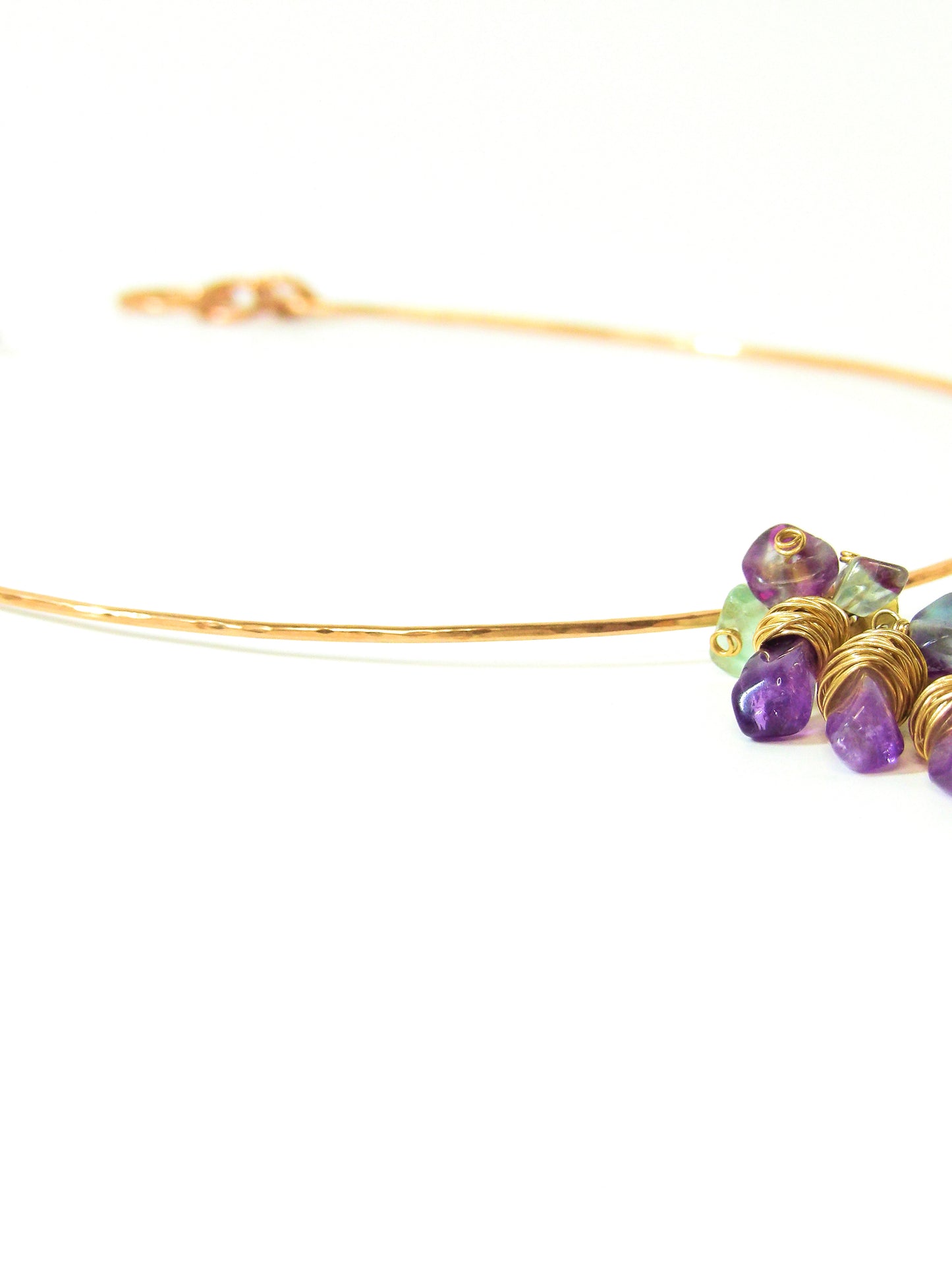 Hammered Bronze Choker Necklace with Amethyst and Fluorite – Handcrafted Tidal Collection