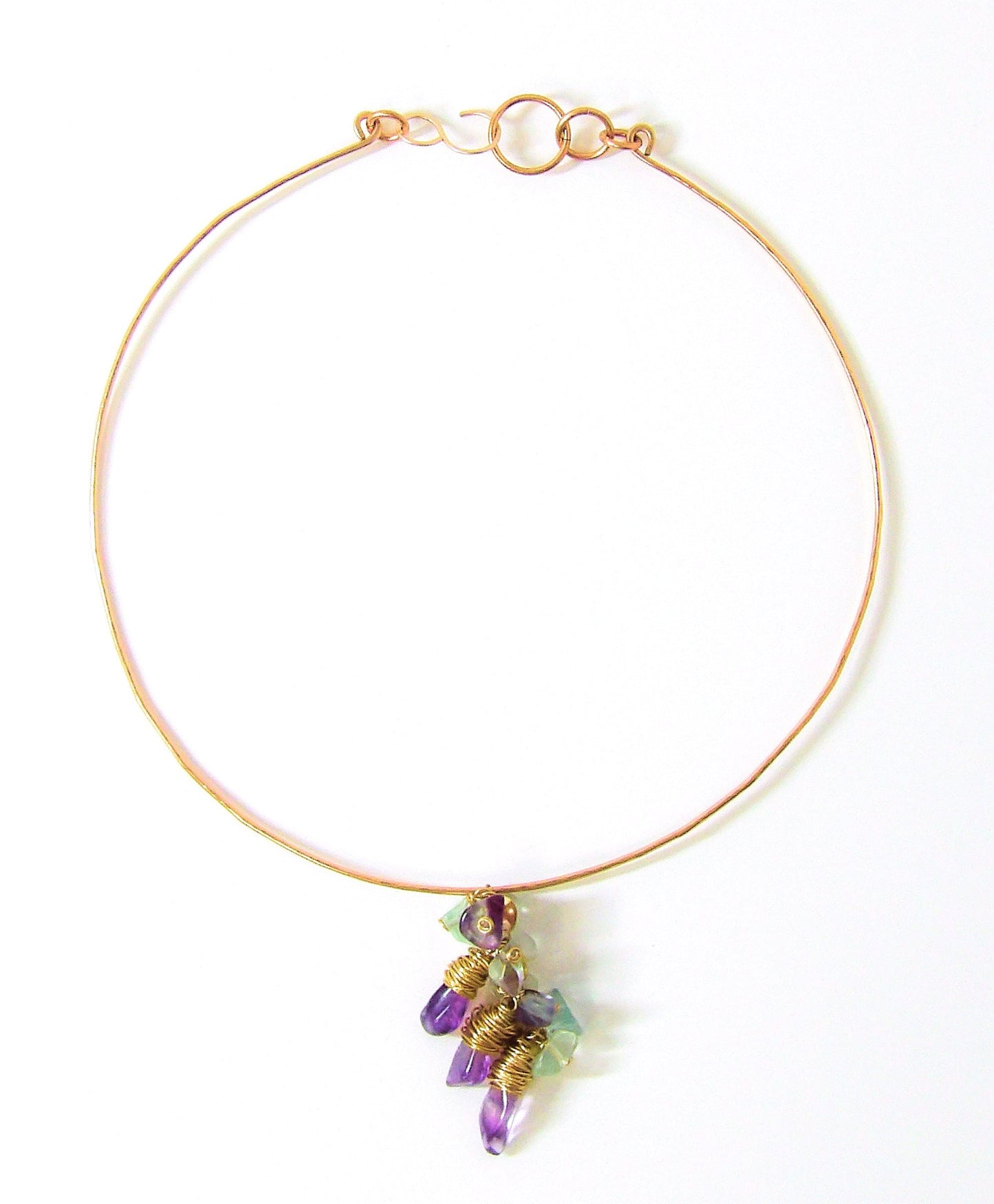 Hammered Bronze Choker Necklace with Amethyst and Fluorite – Handcrafted Tidal Collection