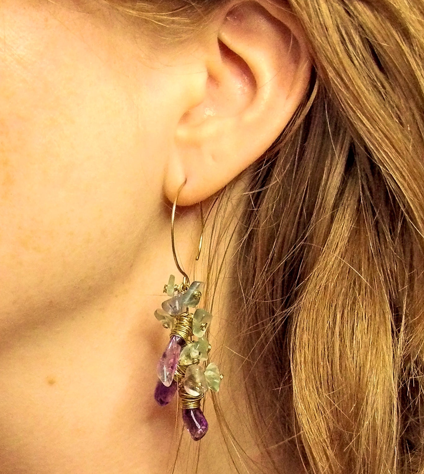 Raw Bronze Mini Hoop Earrings with Amethyst & Fluorite Clusters - Tidal Collection