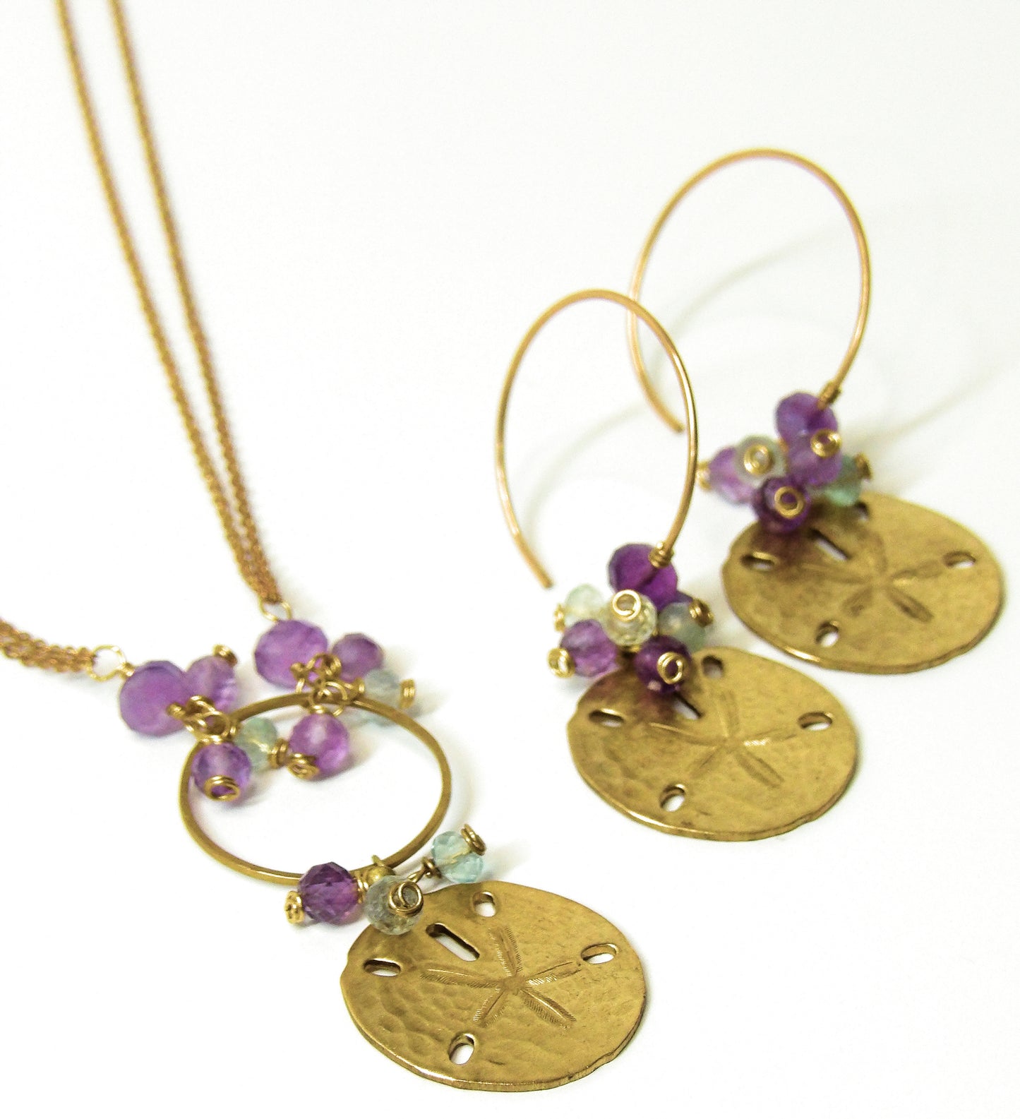 Dainty Brass Chain Choker Necklace with Hammered Brass Circle, Sand Dollar Charm, Amethyst & Fluorite - Tidal Collection