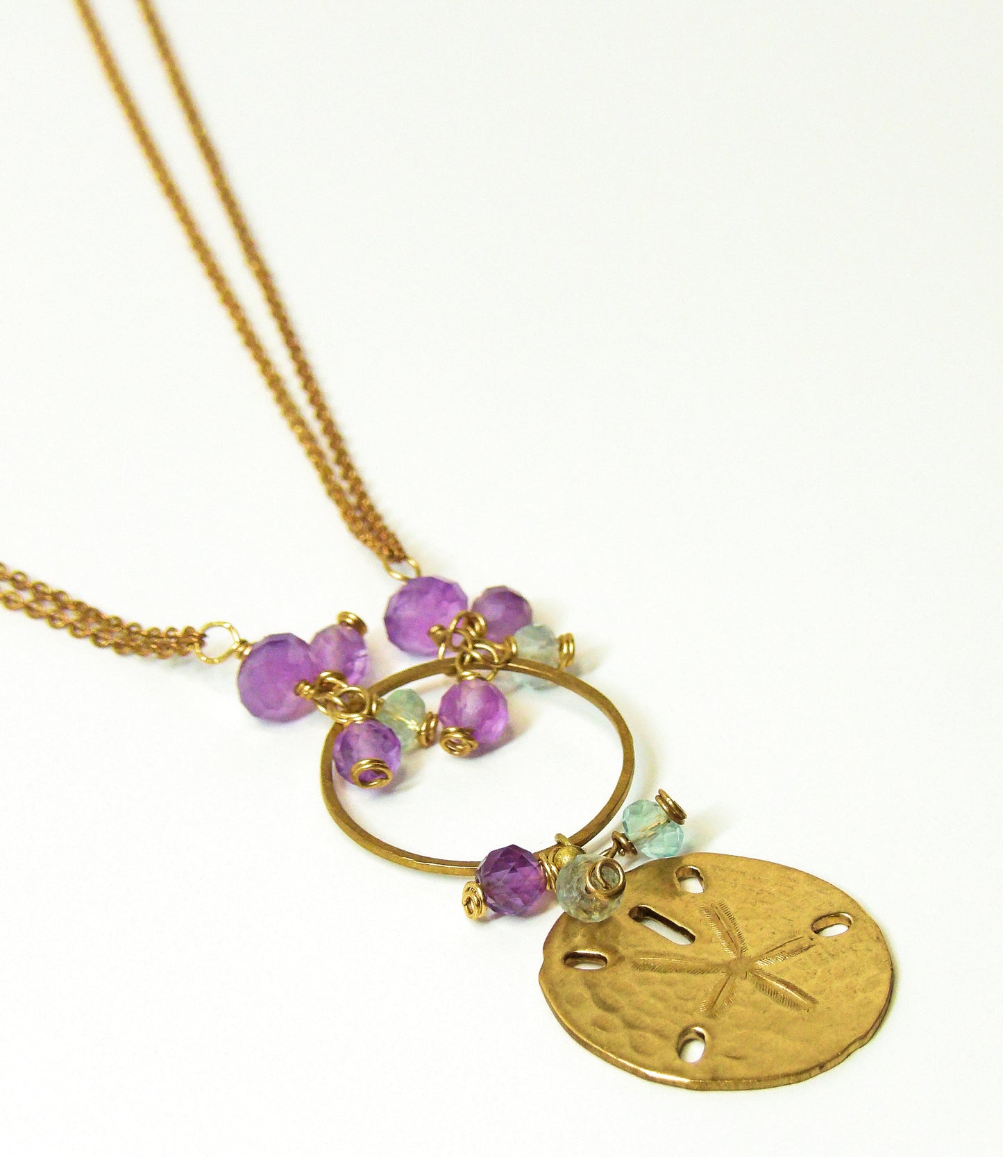 Dainty Brass Chain Choker Necklace with Hammered Brass Circle, Sand Dollar Charm, Amethyst & Fluorite - Tidal Collection