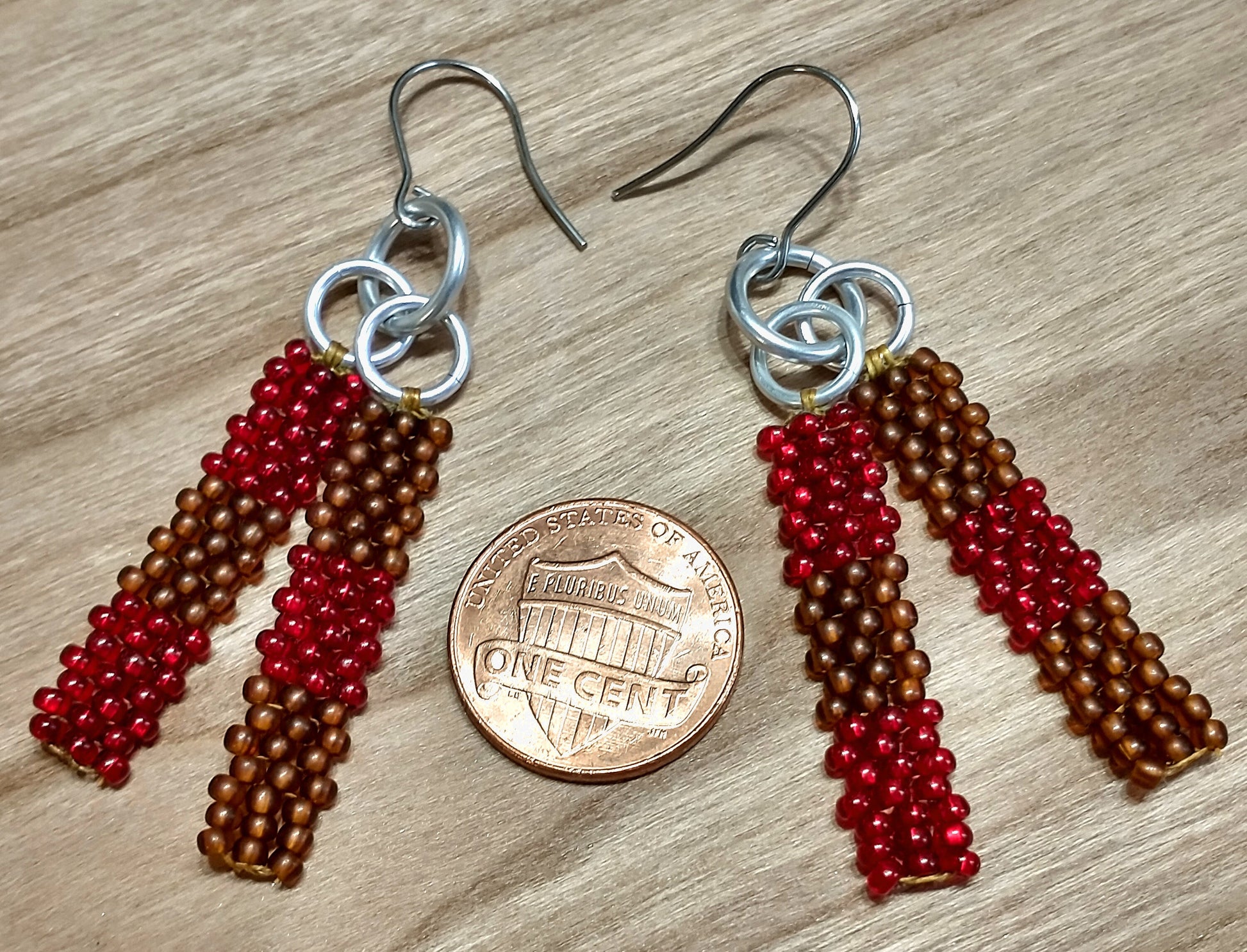 Bar Drop Earrings | Brown And Red Earrings Dangle | Mini Bead Earrings | Minimalist Dangle Earrings | Beadwork Jewelry | Handwoven Earrings