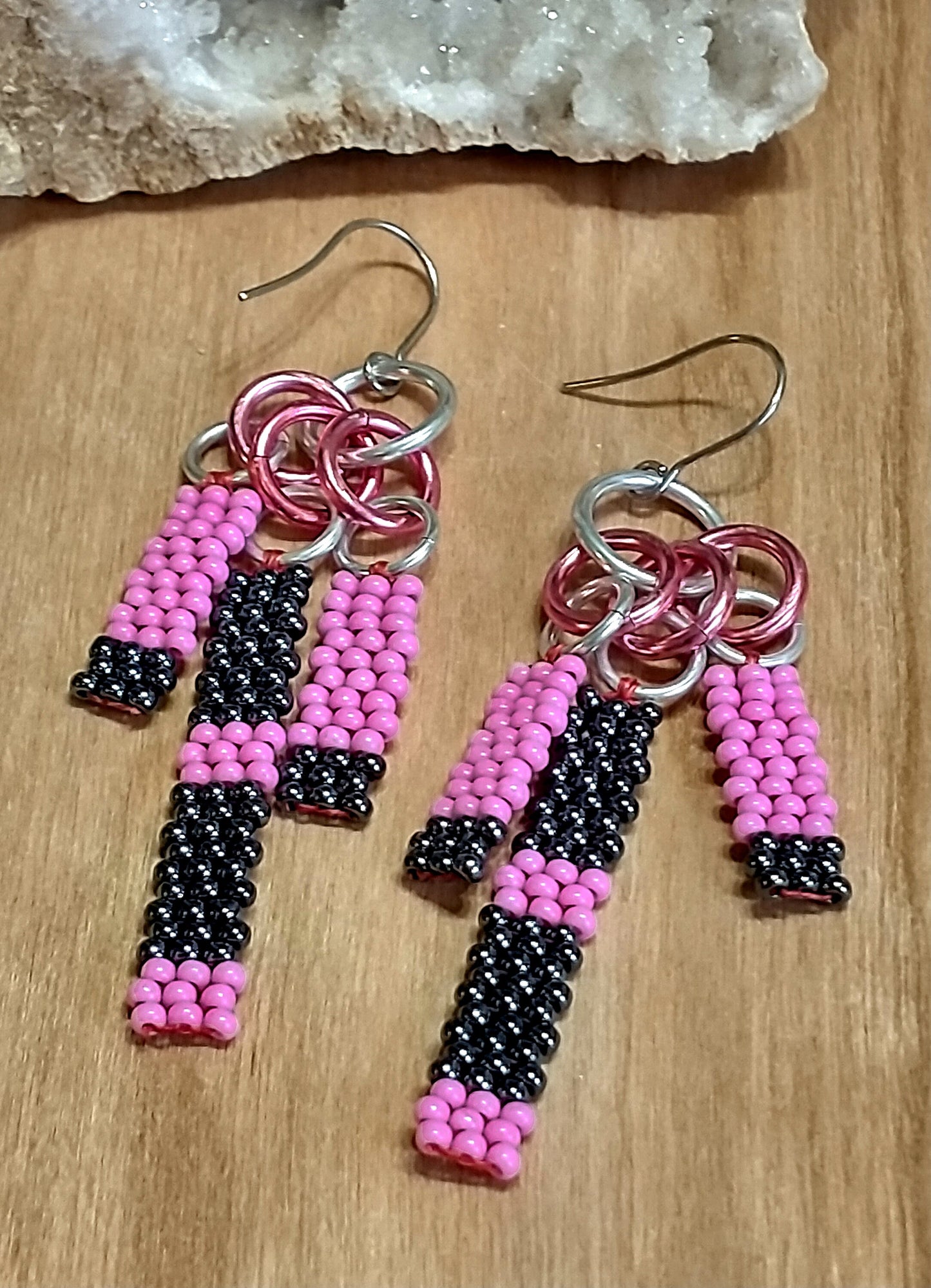 Pink & Black Beaded Bar Drop Earrings | Seed Beads Fringe Dangles | Handwoven Native Beadwork | Chic Bohemian Jewelry | PNW Gifts
