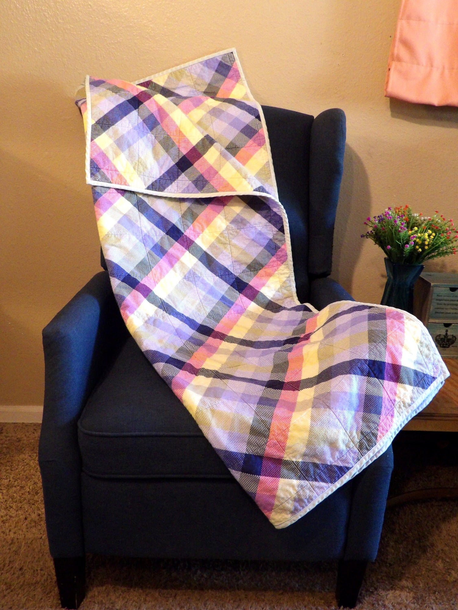Boho Quilted Throw Blanket - Rustic Purple Plaid Lap Blanket Reversible Flannel | Boho Home Decor | Throw Size Quilt | Handmade Whole Cloth