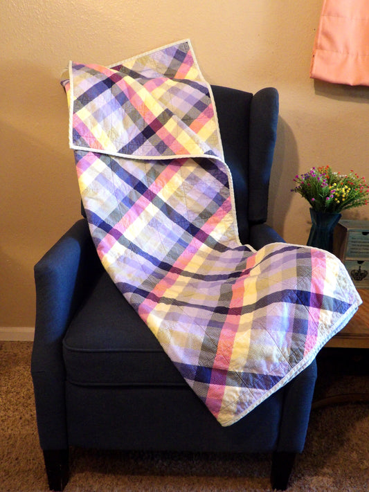 Boho Quilted Throw Blanket - Rustic Purple Plaid Lap Blanket Reversible Flannel | Boho Home Decor | Throw Size Quilt | Handmade Whole Cloth